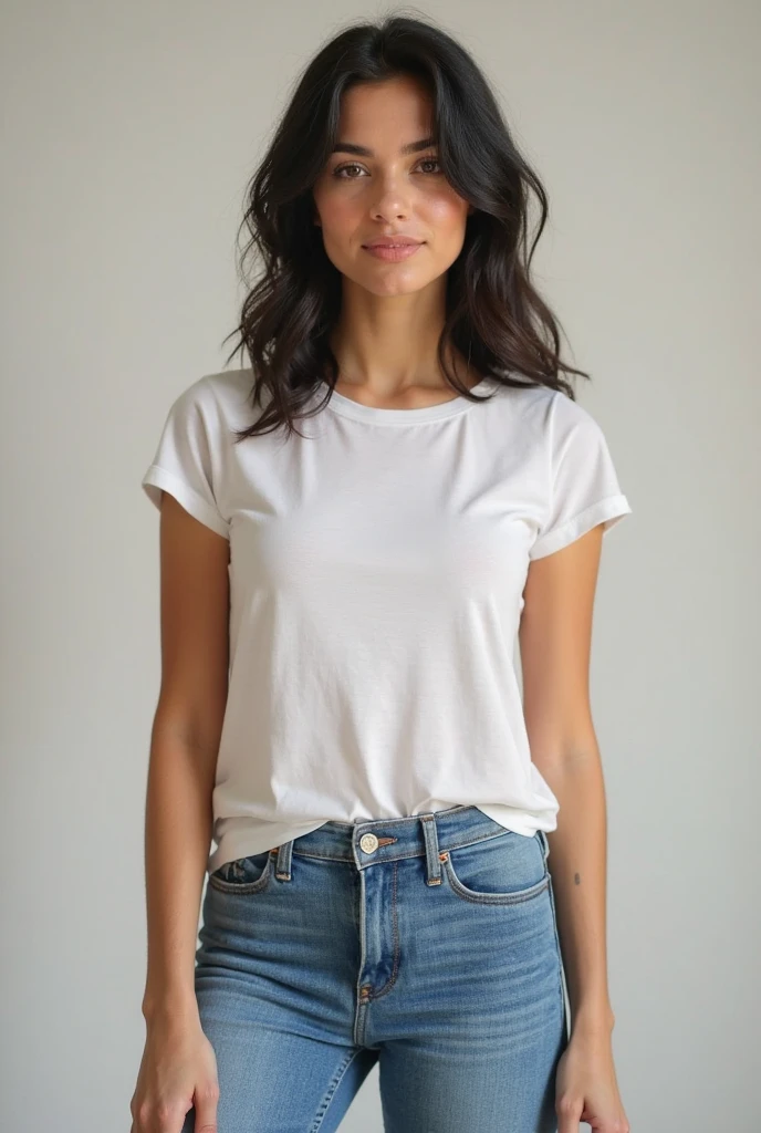 beautiful colombian woman, standing straight facing forward,with white t-shirt, denim jeans pants, on a greyish background, cotton t-shirt texture, fitted t-shirt, round neck, striped tights. Medium camera shot.