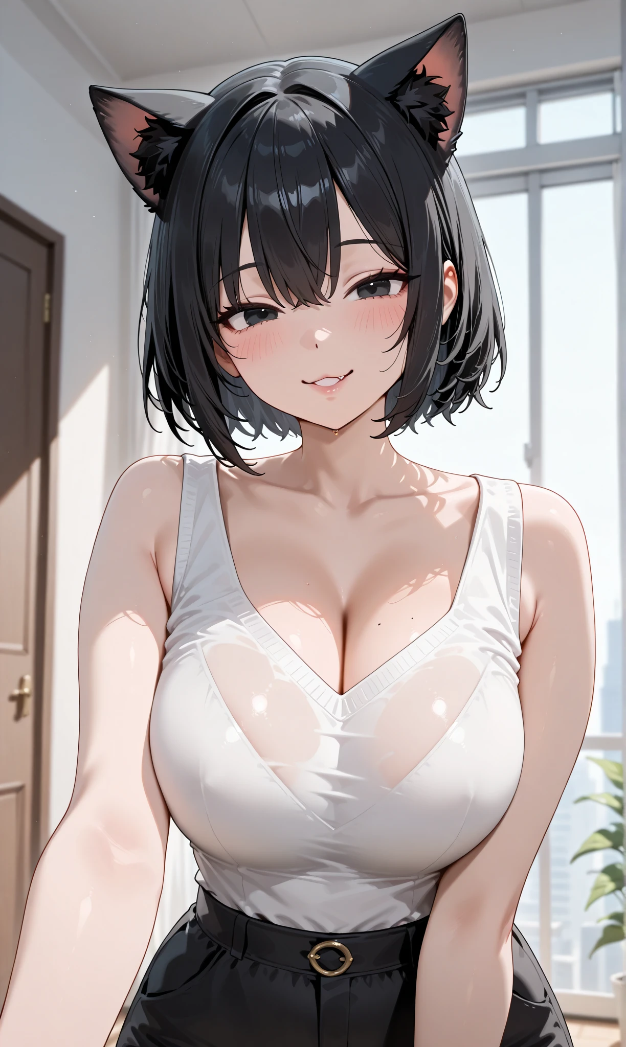 Bright living room High school girls Black Bob Model face Big Breasts Looking this way