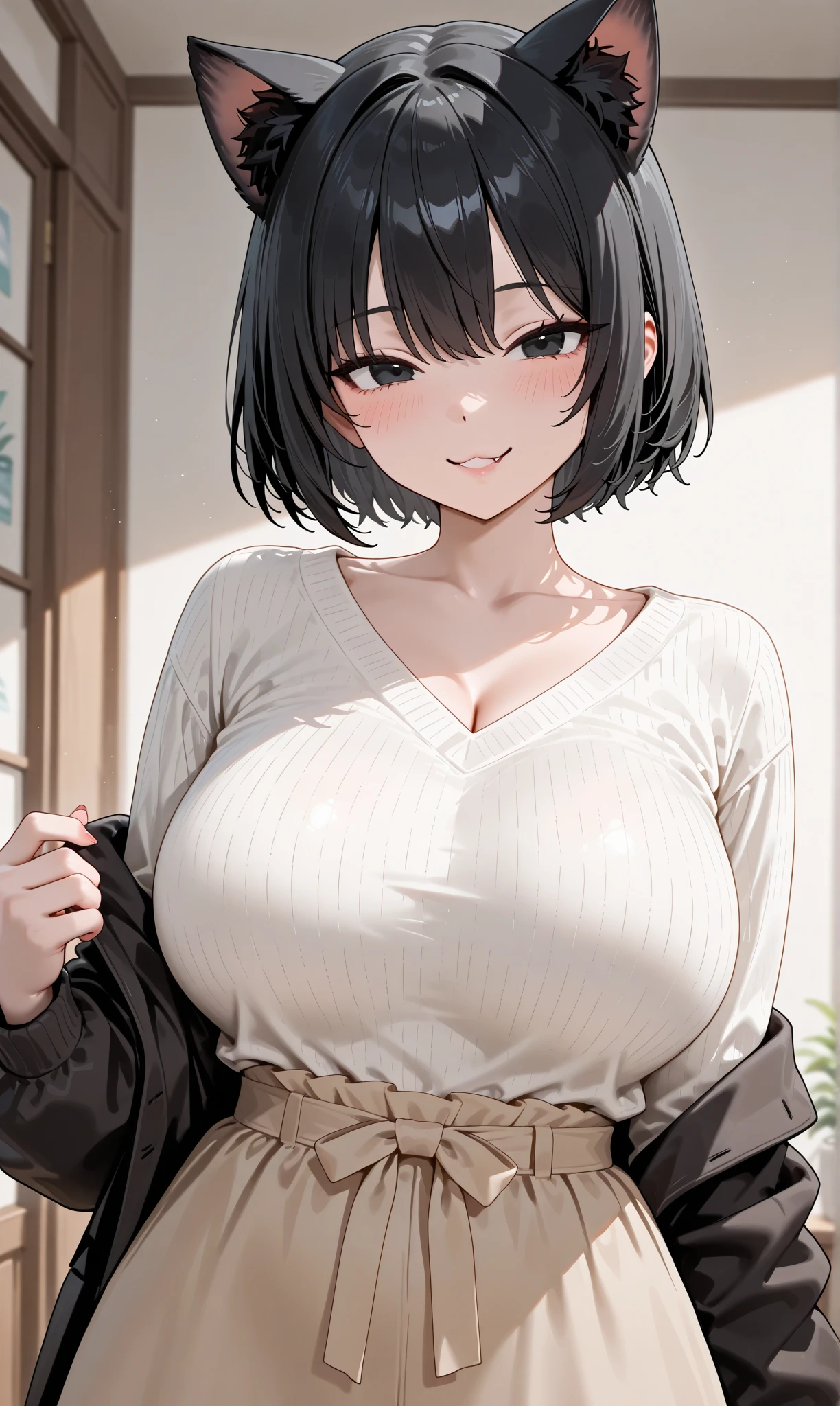 (Modern house interior/), Only one woman, Mature Woman, /(blue ribbed Sweater/), bangs, Black Hair、Bobcut、A gentle, blushing smile, (Masterpiece Top quality:1.2) Delicate illustrations, Very detailed, Large Breasts、No bra、Very good、((Sweat,vapor,Vulgarity))、Tight sweater、
