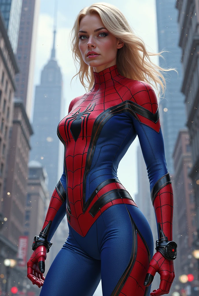 Spiderman、woman、22 years old、woman体型、Large Breasts、Blonde、Mechanical Suit、Upper Body