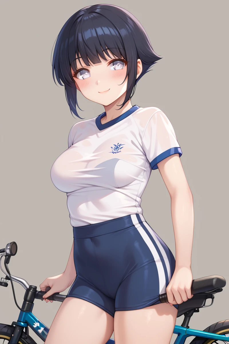 1 girl, empty eyes , kaito, two-toned hair, blue hair, purple hair, purple eyes, scarf, necklace,, short hair., , beautiful breasts, large breasts, solo, nipple, ride a bicycle, nipple , wet