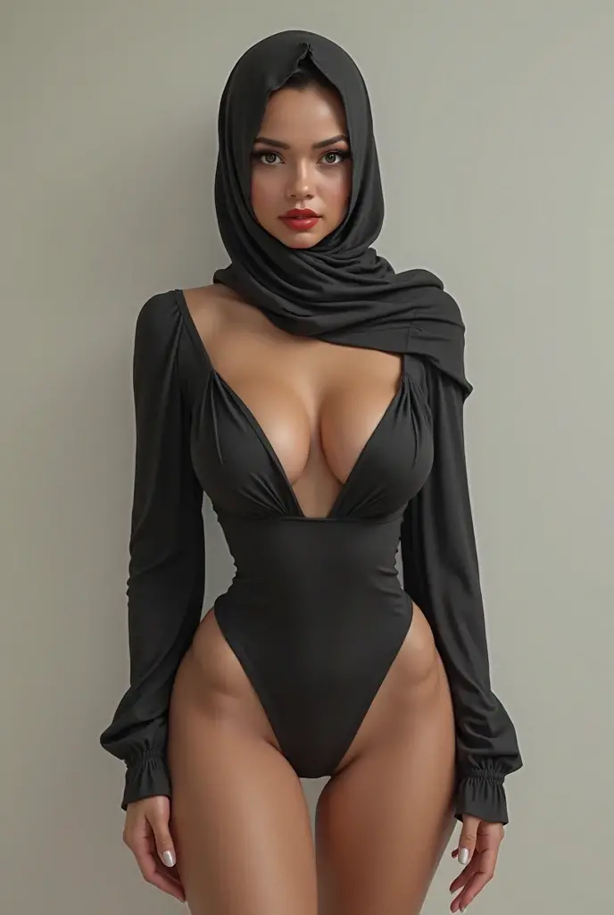(Aisha/Layla) ((best quality)), ((masterpiece)), (detailed), An epic and visually stunning digital artwork featuring a mid-30's Muslima (Black woman, dark skin, Shoulder length hair, full hijab, mask revealing only eyes. NO skin showing slim build, large chest) Elaborate, Conservative Peach and Black suit Wearing stunning black heels
