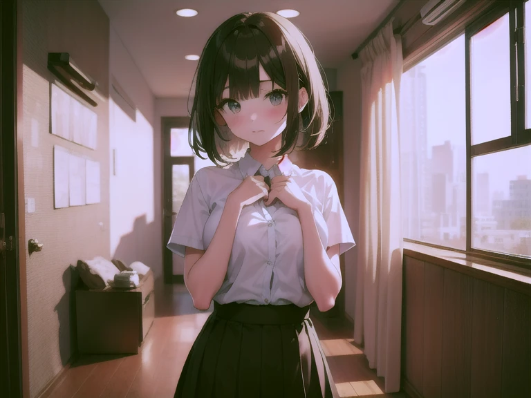 (masterpiece:1.2),(best quality:1.2),(Low saturation:1.2),(Light colors:1.2),(Isometric:1.1),good lighting,(1girl:1.5),aqua eyes,short hair,messy hair,expressionless,flat,shy,solo,Sitting position,(Lmao:1.5),Bookcase,Hanging pictures,Windows,Curtains,Vintage wooden chair,Sundries,Potted Plants,Brown T-shirt,Black Short,Black Underwear,Long Boots,Knee high socks,