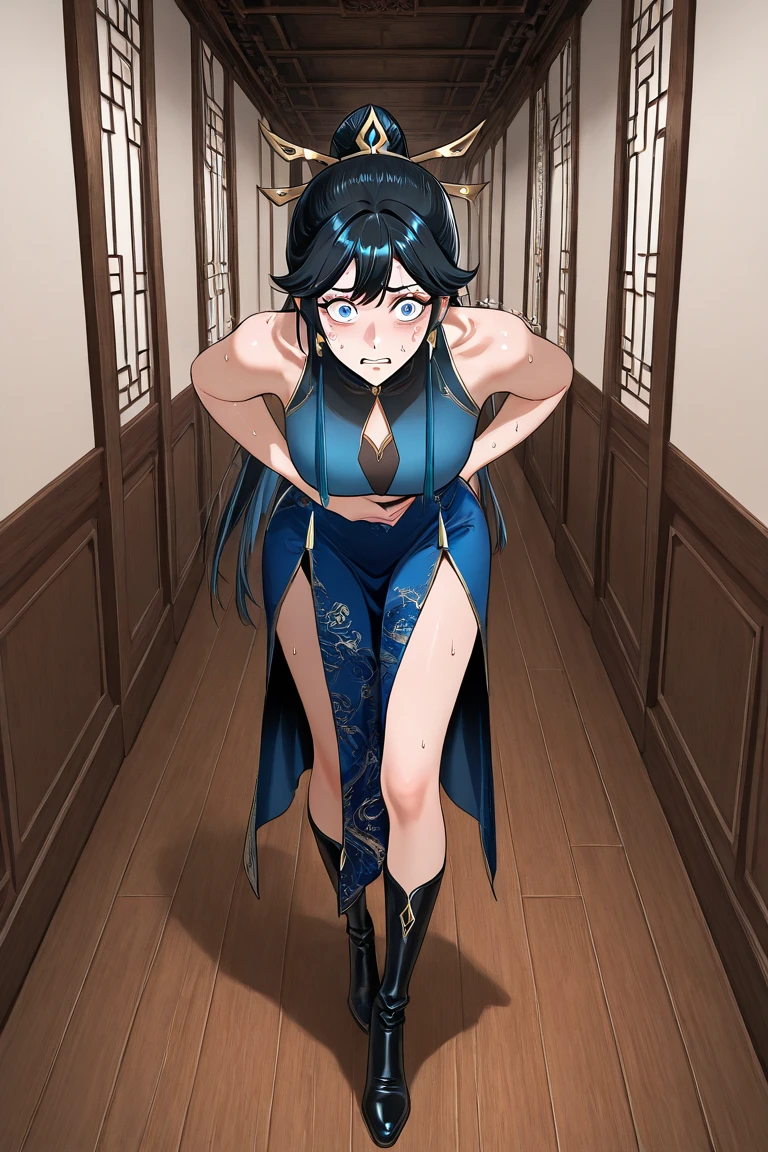 score_9, score_8_up, score_7_up, score_6_up, uncensored, Michiko Tanaka, black hair, long hair, parted bangs, forehead mark, yellow eyes, adult, mature, naughty face, shiny skin, sweating, steaming body, heavy breathing, BREAK (masterpiece:1.2), best quality, high resolution, unity 8k wallpaper, (illustration:0.8), (detailed eyes:1.3), extremely detailed face, perfect lighting, extremely detailed CG, (perfect hands, perfect anatomy), lips, dress, high_heels, black_gloves, underwear, large_breasts, panties, thighhighs, black_panties, jewelry, thighs, earrings, bangs, black_legwear, thigh_strap, split, bare_shoulders, black_dress, solo_focus, skindentation, looking_at_viewer, standing_split, leg_up, 