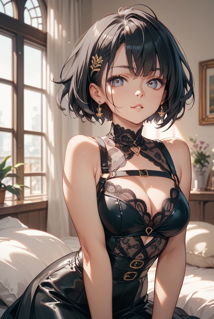 Brown hair, short hair, shaved on one side, (green Eyes:1.5), (medium breasts:1.5) (erectile nipples:1.2), black mesh corset, half nude, no panties, BREAK indoors, student room, light particles, view for behind, BREAK looking at viewer, BREAK (masutepiece:1.3), Best Quality, High resolution, Unity 8k壁纸, (Illustration:0.8), (Beautiful detailed eyes:1.6), extra detailed face, Perfect Lighting, extremely details CG, (Perfect hands, Perfect Anatomy),