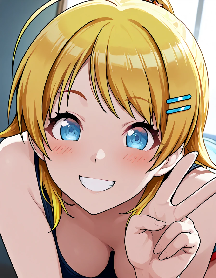 Masterpiece, est quality, beautiful girl, pretty face, smiling face, open mouth, tongue out, blonde hair, side tail, wet skin, swimsuit,