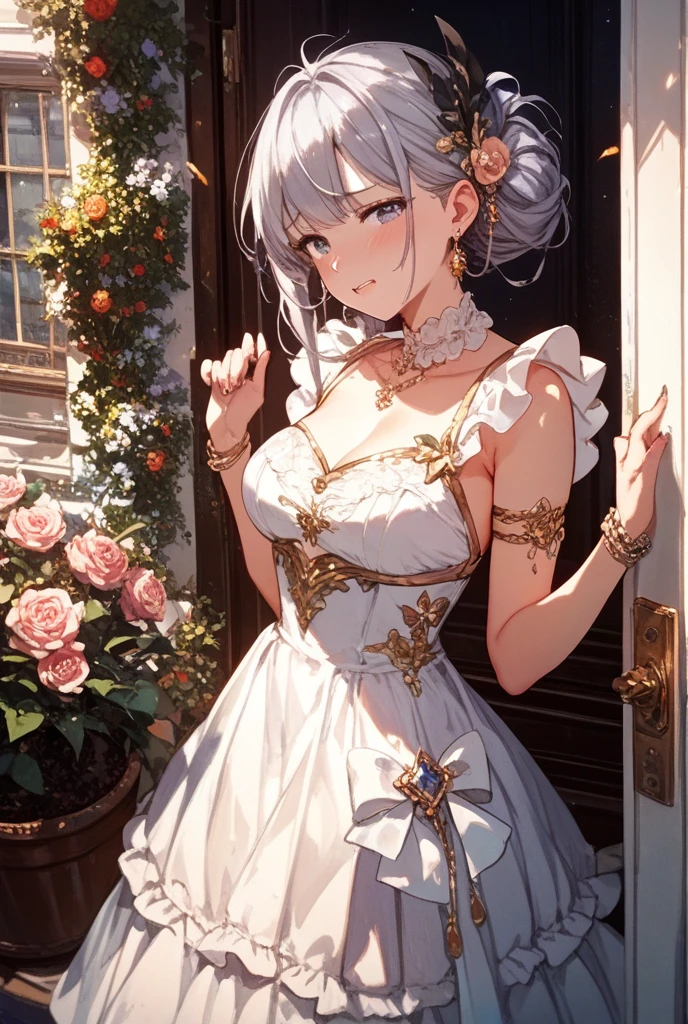 In front of the palace、White Dress、Large, clear eyes、high resolution、Ultra delicate、Looking this way and smiling、Beautiful face、Super Beauty、Slender body、Surrounded by roses、Luxury dress、High-grade fabrics、Surrounded by roses、In the sunshine、Gold and silver accessories、Glamorous Dress