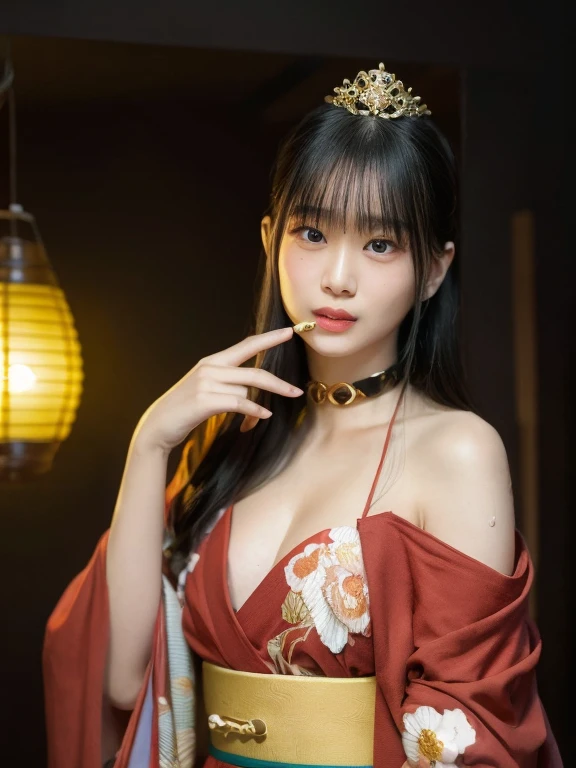 8K Ultra HD, Digital SLR,Film Grain, Fujifilm XT3,(highest quality:1.3), (masterpiece:1.1), High resolution, Cinematic Light, Intricate details, (Realistic) (Night view) Realistic backlight、Dramatic reddish light、Beautiful Japanese Geisha full body photo, ((Facial texture Pore details)), Grin、Devilish smile, Simple messy hairstyle, She wears a black satin kimono decorated with traditional dragon motifs.., Open shoulders, Colorful dragon tattoos all over the body,(( 1mHolds a long-bladed Japanese sword)), Inside a traditional villa, 8k, Front blur