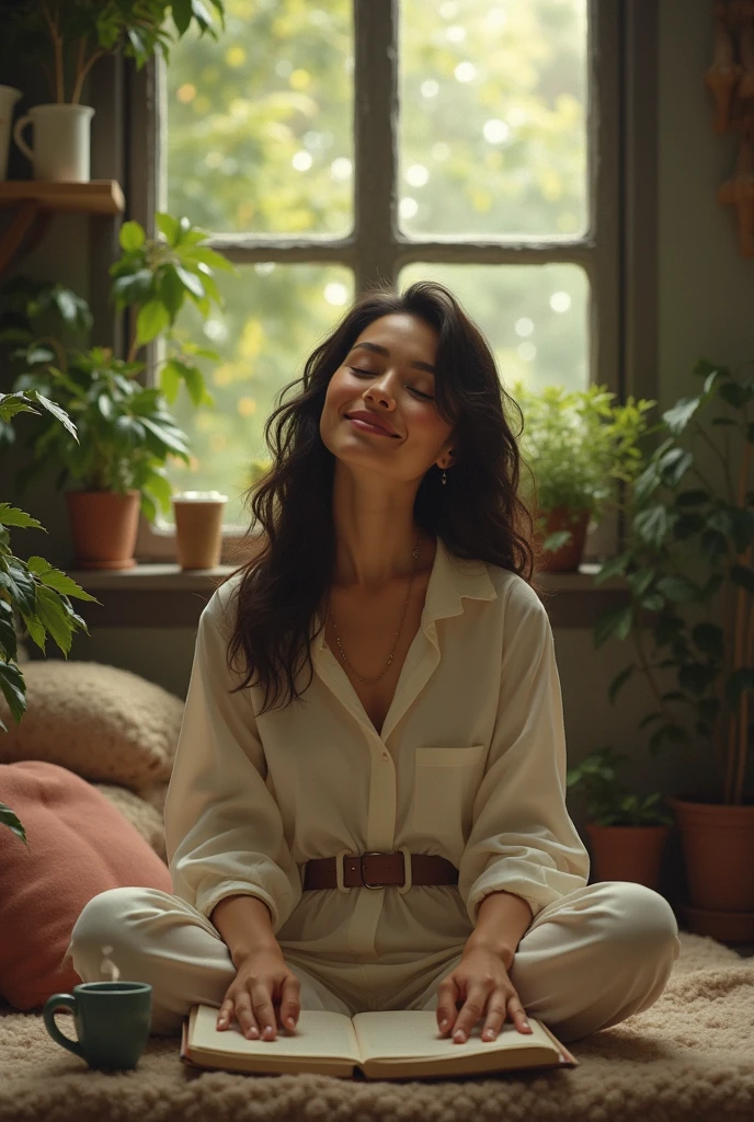 (photorealism:1.2), beautiful woman, sitting on bed waist up only, pajama pants, long curly hair, indoors, soft lighting, plants in background, window with sunlight, cozy room, relaxed pose, realistic, intricate details, warm colors, smiling but side profile only, two fingers up
