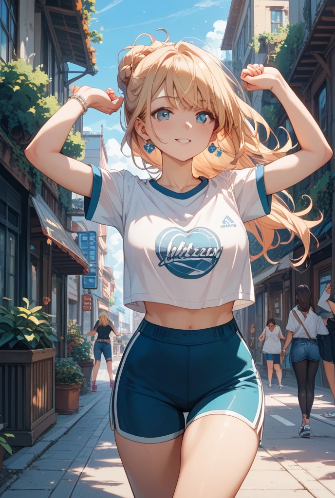 (masterpiece, best quality:1.5), (high resolution 8K), detailed eyes and face, detailed body, 
BREAK 1 girl, japanese girl, longhair, twintail, blonde hair, blonde eyes, wave hair, (mascara:1.2), (tan skin, dark skin:1.2), double teeth, fang, (piercing:1.2), medium breasts, 
BREAK (seductive smile, blush:1.2),
BREAK A casual bunny girl in a sporty, tank-top style bodysuit, with colorful bunny ears and a short skirt. She wears sneakers with pastel-colored accents and accessories, giving her a playful and modern vibe, cinematic composition, trending on Artstation.
BREAK A casual bunny girl with one leg playfully raised, hands on her hips, smiling in a relaxed and cheerful pose. She is in a modern outdoor cafe or park, with colorful flowers and trees in the background, sunlight streaming in, creating a joyful atmosphere, cinematic composition, trending on Artstation