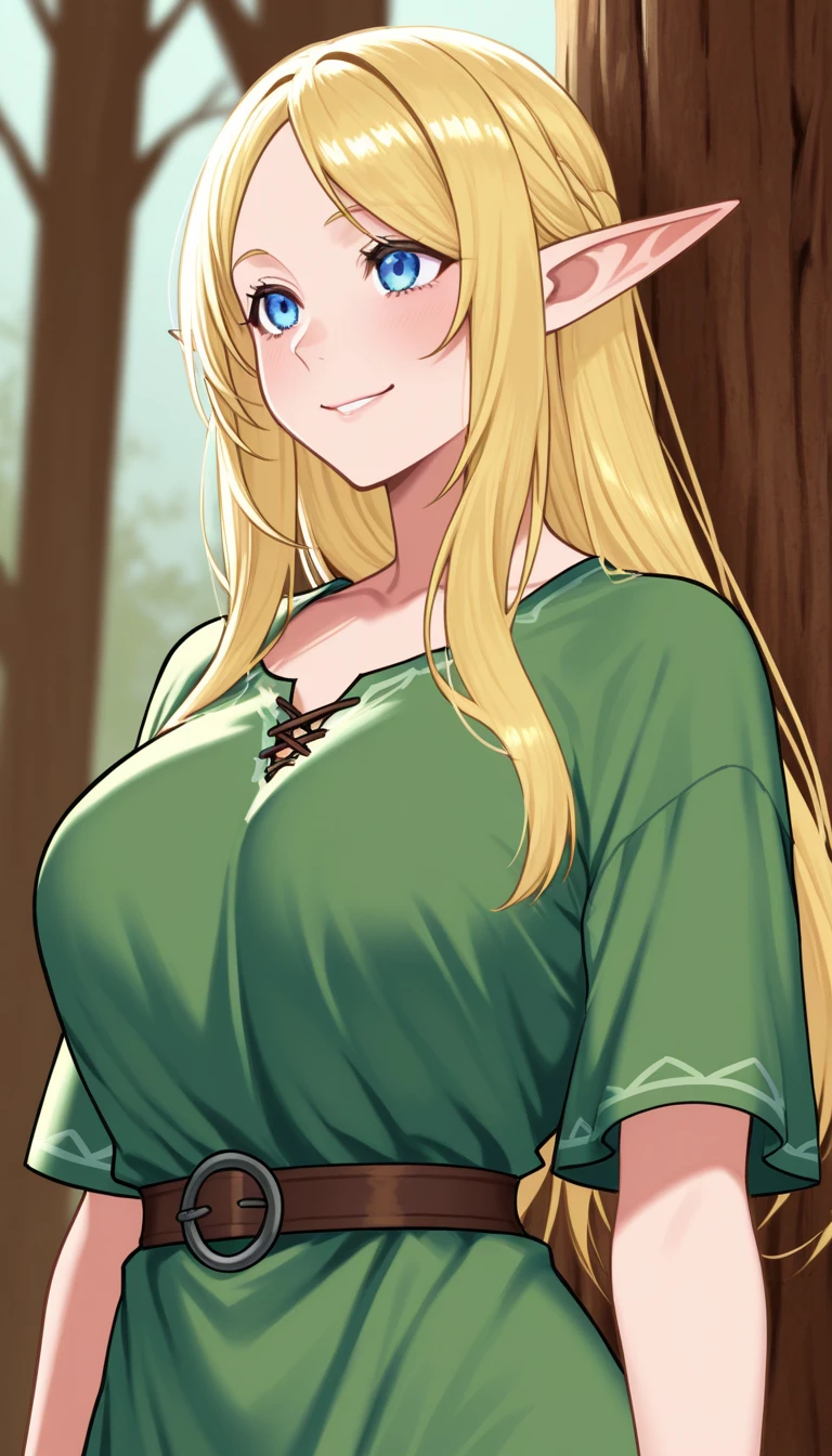 masterpiece, digital art, fantasy art, beautiful, legend of zelda: breath of the wild, princess zelda, 1girl, ((blush)), bangs, blonde hair, breasts, bridal gauntlets, closed mouth, from side, green eyes, highres, long hair, long sleeves, white shirt, nintendo, outdoors, pointy ears, ring, big breasts, solo, standing, the legend of zelda, tree, triforce print, upper body, blue shirt and black pants  <lora:princessZeldaLora_v1:0,5>  missymuscle-8100, eroge, windy, emerald, petals, dynamic pose