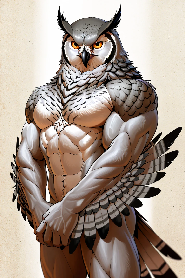 fantasy art, avian, owl, feathers, white body, winged arms, finger claws, white feathers, muscular, clothing, in a room background, by personalami, by tojo the thief, photorealistic, elegant, realistic, masterpiece, 4k, sharp focus