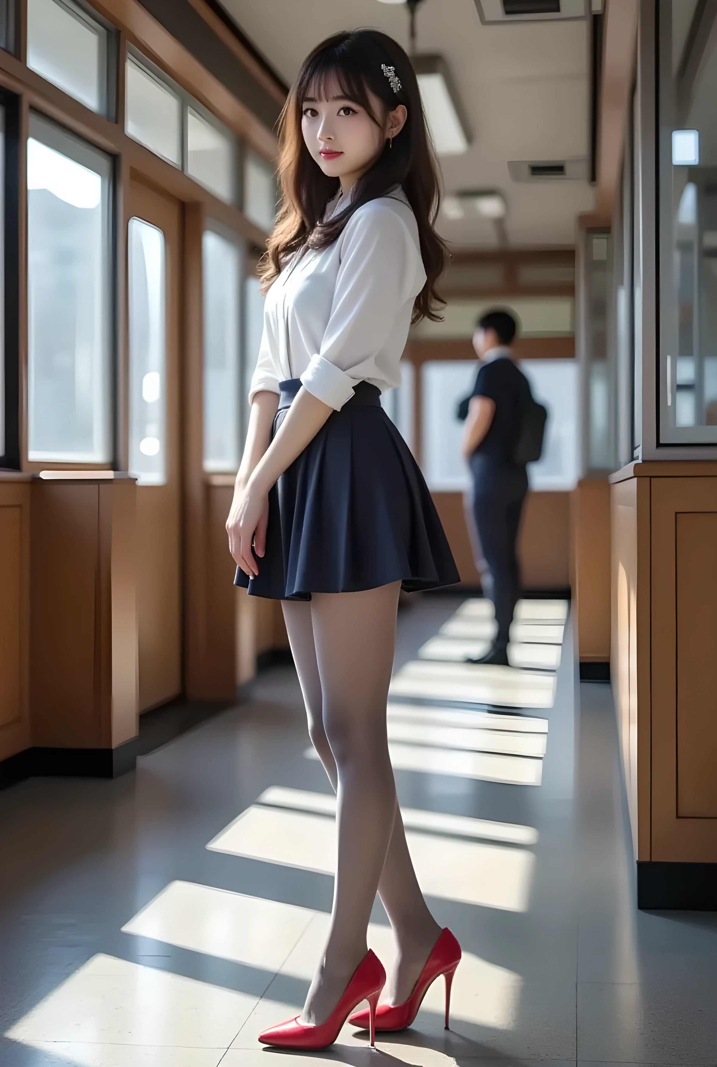 super realistic , photorealistic , (Full body image:1.5), she looks so happy , shadow, global illumination , Alone, (Japanese woman in her 20s :1.5), so beautiful、 Cute Smiles , Slim, brown hair , beautiful legs , Long, slender legs , Surimi West , She's wearing a receptionist ,wearing a bus guide , turn your body forward、 white hair,full body photo ,Please take a picture up to the tip of your foot ,wear gray pantyhose on her legs ,When the light hits stockings, they reflects beautifully., Wearing Red High Heels ,