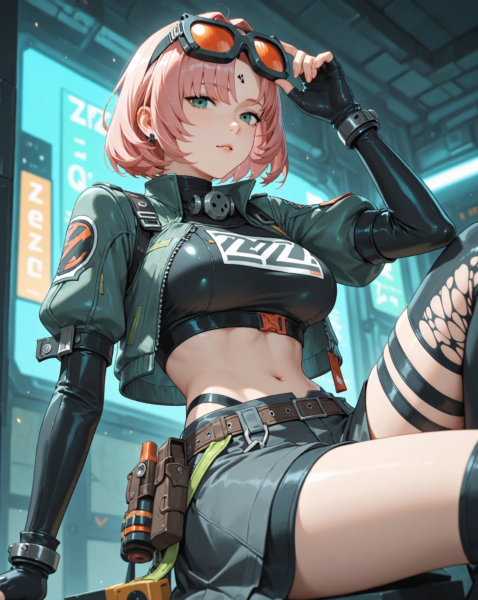 (masterpiece, top quality, best quality, official art, beautiful and aesthetic:1.2), (1girl:1.3), (fractal art:1.3), Double Bun with Bangs, colorful, dynamic, confident, expression, attention-grabbing,stylish, fashion, cyberpunk. Double Bun with Bangs, silver hair, wearing dark denim short green jacket, no shirt, shows belly button, shows inner side boobs, has a green and purple mouth oni mask.