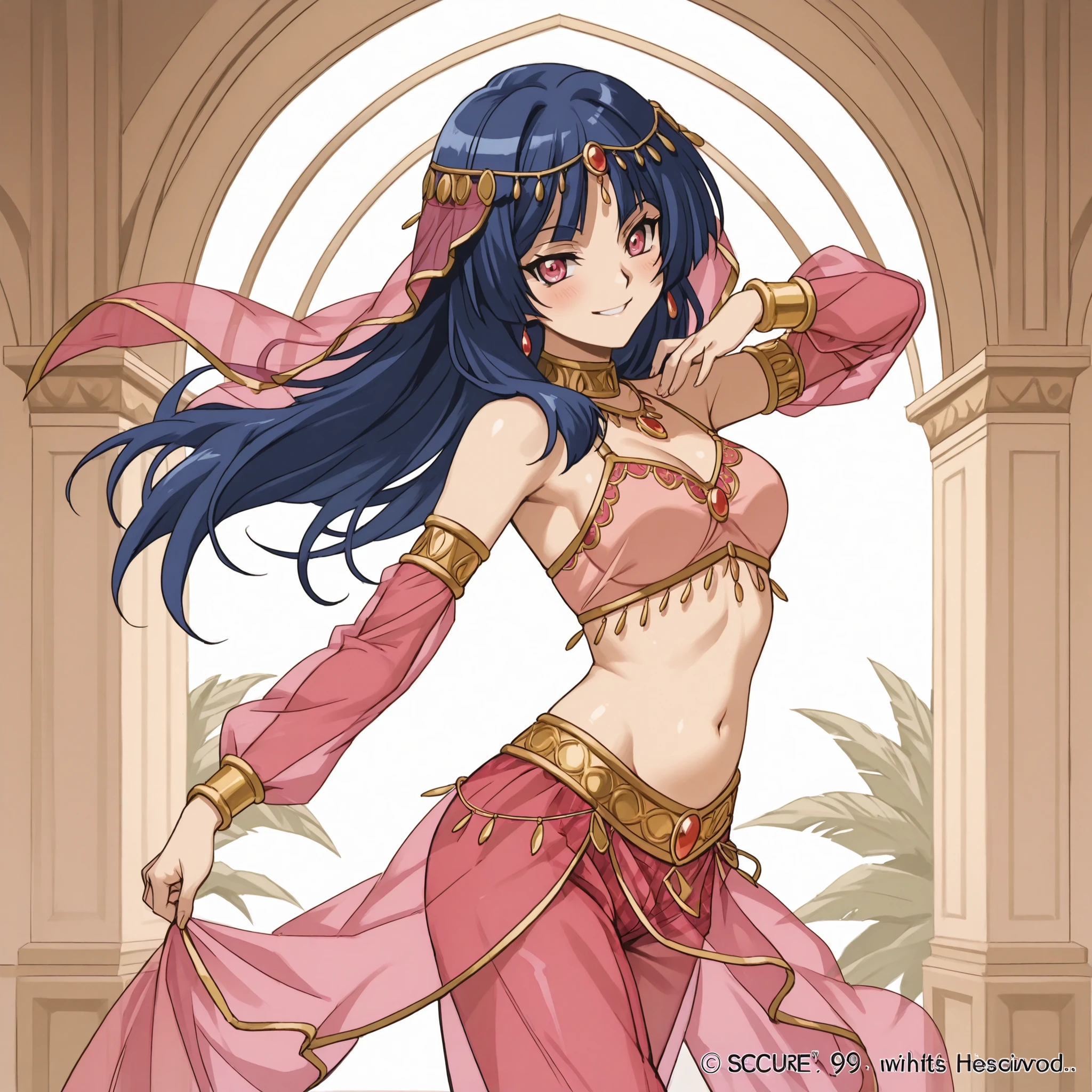 1girl:1 . 5) , (Seul:1 . 5) , score_9 , score_8_haut , score_7_haut , source_anime , Official work , ultra-detailed , masterpiece , best quality plaid shorts , high res , beaux yeux , detailed eyes , Detailed Face , beautiful detailed eyes ,Cardfight Vanguard, Asaka Narumi , Arabian Clothes , Arabian Dancer ,belly dancer costume , veil , golden jewelery,harem outfit, harem skirt, harem pants, Transparent pants, belly dancing, harem veil , arabian garden , seductive smile, dancing with veil, dynamic movement, sexy pose