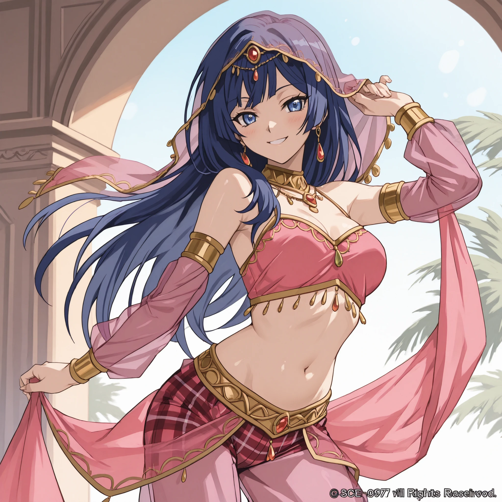 1girl:1 . 5) , (Seul:1 . 5) , score_9 , score_8_haut , score_7_haut , source_anime , Official work , ultra-detailed , masterpiece , best quality plaid shorts , high res , beaux yeux , detailed eyes , Detailed Face , beautiful detailed eyes ,Cardfight Vanguard, Asaka Narumi , Arabian Clothes , Arabian Dancer ,belly dancer costume , veil , golden jewelery,harem outfit, harem skirt, harem pants, Transparent pants, belly dancing, harem veil , arabian garden , seductive smile, dancing with veil, dynamic movement, sexy pose