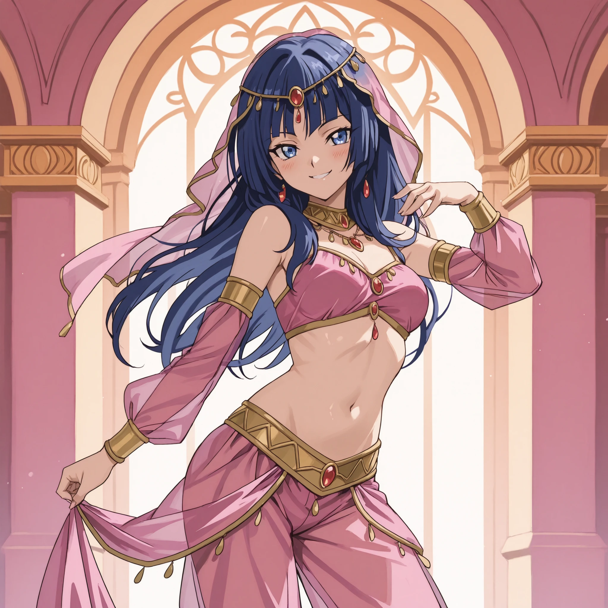 1girl:1 . 5) , (Seul:1 . 5) , score_9 , score_8_haut , score_7_haut , source_anime , Official work , ultra-detailed , masterpiece , best quality plaid shorts , high res , beaux yeux , detailed eyes , Detailed Face , beautiful detailed eyes ,Cardfight Vanguard, Asaka Narumi , Arabian Clothes , Arabian Dancer ,belly dancer costume , veil , golden jewelery,harem outfit, harem skirt, harem pants, Transparent pants, belly dancing, harem veil , arabian garden , seductive smile, dancing with veil, dynamic movement, sexy pose