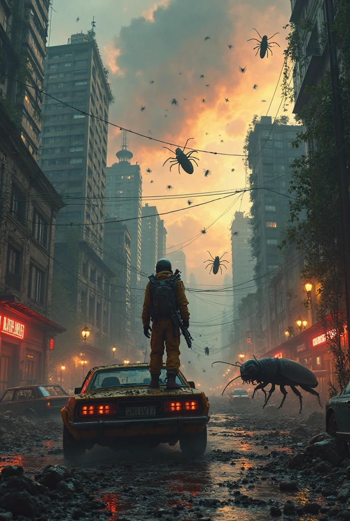 Army retreats from giant spiders Cityscape of high-rise buildings Escape from spiders 