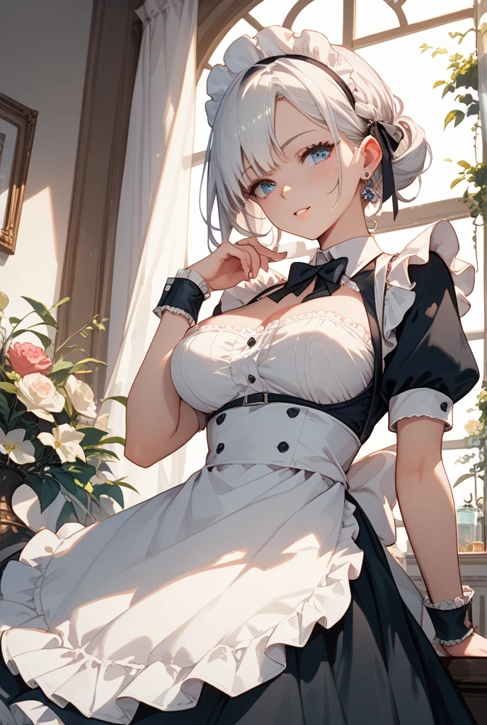 ((((masterpiece, best quality, high resolution)))), 1girl, white hair, purple eyes, short wavy hair, average breasts, blush, light smile, parted lips, glow, thighs, bare shoulders, collarbone, narrow waist, cleavage, (beautiful detailed face, beautiful detailed eyes), long slender thighs, perfect eyes, (maid outfit, maid apron, maid headband), (sunbeam, sunlight, rose, wind, cafe), nsfw,sciamano240
