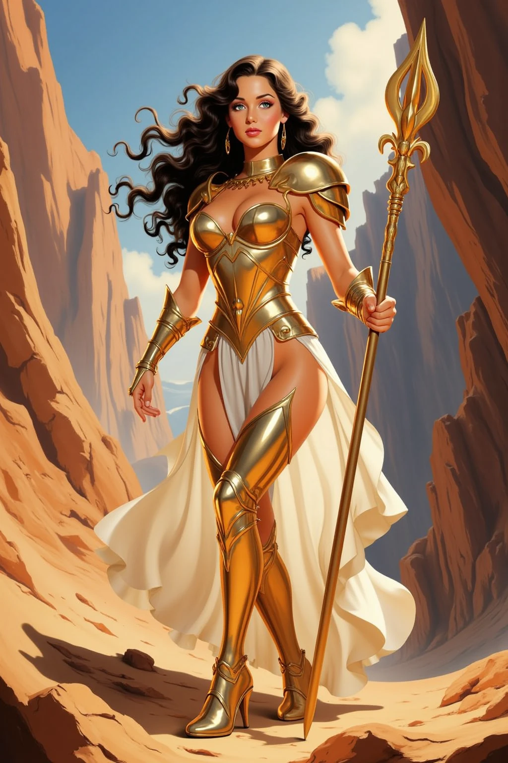 ((Full body)), (((Head to toe))), 1 female, Solo, beautiful blushing slender Goddess of Saturn (((with shaggy long bronze hair))), Small bust, big breasts thin waist, Thin leg, (((against Saturn as a planet background))), (((gorgeous bronze armor, loincloth))), topaz necklace, topaz tiara, bronze Veil, (((American comic style with dark contours))), (((art by J. Scott Campbell)))