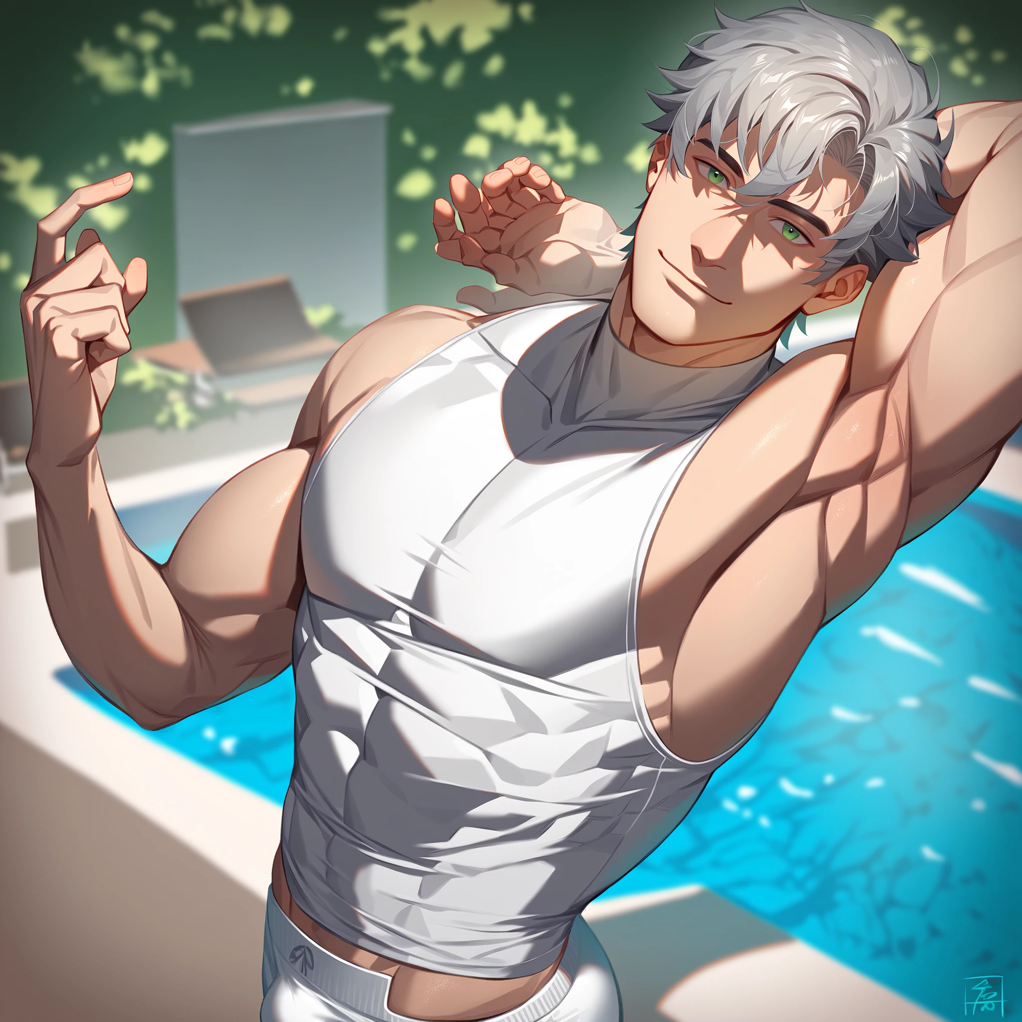 1 boy ,Libido boy,20yr old,Handsome,Muscular,Raised sexy,k hd, tmasterpiece,8K,tight swimming trunks,Nudity all over,Bare topless,white short socks,massive bulge,A sexy pose,Trembling,full-body view