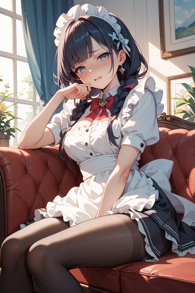 (((Red long skirt:1.9　A small red ribbon on the chest:1.3. She opens the front of her blouse by herself. Her white bra is visible. She has a white, short-sleeved, elegant blouse.))),(((Apartment room、Sitting in a chair、Anxious expression、Tea on the table:1.3)))Mid-length bob cut hair:1.9. Big breasts:1.6、(((1 Female:1.3))), (((Brown Hair:1.3. Wavy Hair:1.5. Bob Cut Hair:1.9 Round Eyes Beauty:1.3. Shapely breasts, brown eyes, side-swept bangs, red cheeks:1.3 Sweat:1.3)))、(((Top quality masterpiece high resolution perfect human body:1.3))),(((Sweat:1.3,cute:1.3)))