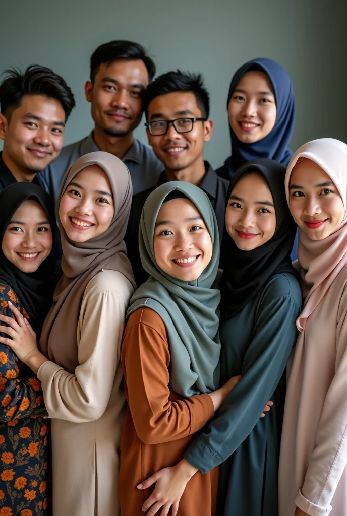 ((3 hijabless man wear jacket sitting), (3 hijabbed woman sitting)), casual fashion, happy expression, white skin people, crowdless background, just concentrate, extreme detail, masterpiece, 4k, cute caricaturized character, proportional, cinematic lighting