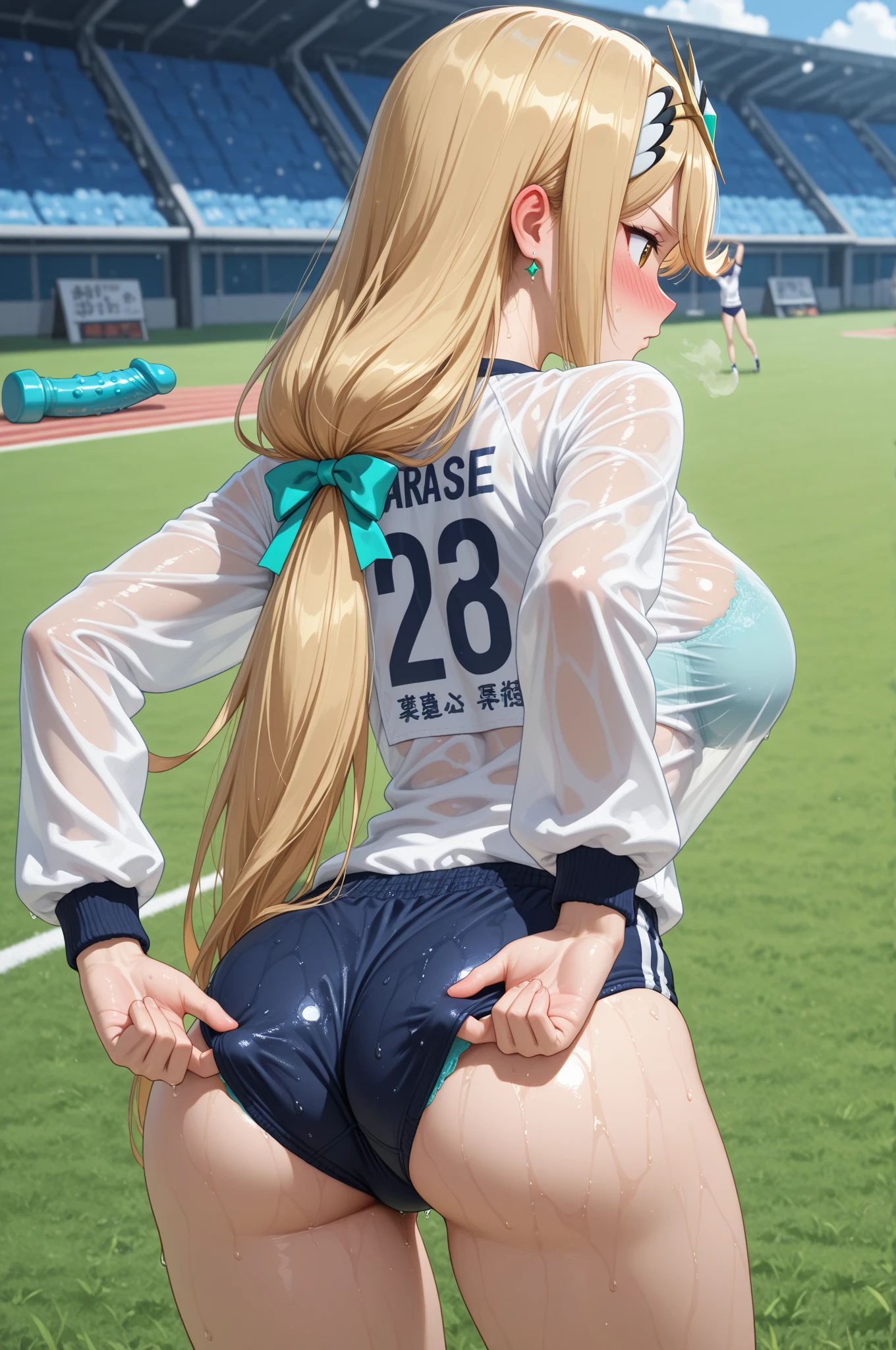 2 Asian girls, anime girls, both farting together side by side, desperate to poop, farting while standing, farting in public changing room, wearing volleyball shirt and underwear no pants, wearing hijab, stomach bloated, hands hugging stomach, pained expression, shocked and embarrassed, mouth open in shock, sweating, blushing, beautiful and cute face, anime art style, fit body, tall and thin, view from side, legs spread, 2 girls, duo, 2 girls farting facing each other