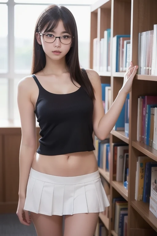 A captivating and intimate photograph of a young Korean woman, effortlessly showcasing her unique style and curves in a school setting. Seated cross-legged beside blue lockers, she exudes confidence in her light red thin-strapped tank top, mini gray skirt, and open white shirt, which reveals the V-neck of her tank top. Her large round glasses and straight medium hair with bangs tied into two small ponytails at the back of her head add to her allure. Her subtle, inviting smile is the focal point of the image, beautifully captured by the camera's perspective, which illuminates her from the front. The background of scattered desks and papers further enhances the intimate atmosphere of this enchanting scene.