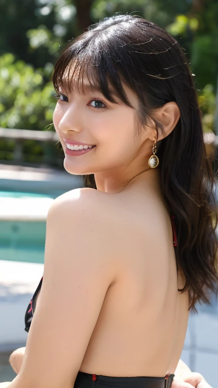 ((1 to 3girls:1.3)), It shows a woman in a rooftop pool, adding to the peaceful and relaxing atmosphere. Bird's eye view, the composition captures a young female subject in the foreground of the picture, masutepiece, Best Quality, Ultra-detailed, finely detail, 8K, Detailed eyes, blurry background, thick lips, Random bikini shapes, random vivid color bikini, Random hairstyle, Random facial expression, Random pose, Gravure photography, Gravure pose, looking at viewer, Random angle shot, ((smile＋happy:1.3)), middle tits size, style like a model, Natlural Color Lip, idol, (Ear Ring:1.1), necklace, medium breasts, Natural Color Lip, Random and cute poses,Random number of people from 1 to 4,Beach Resort、 