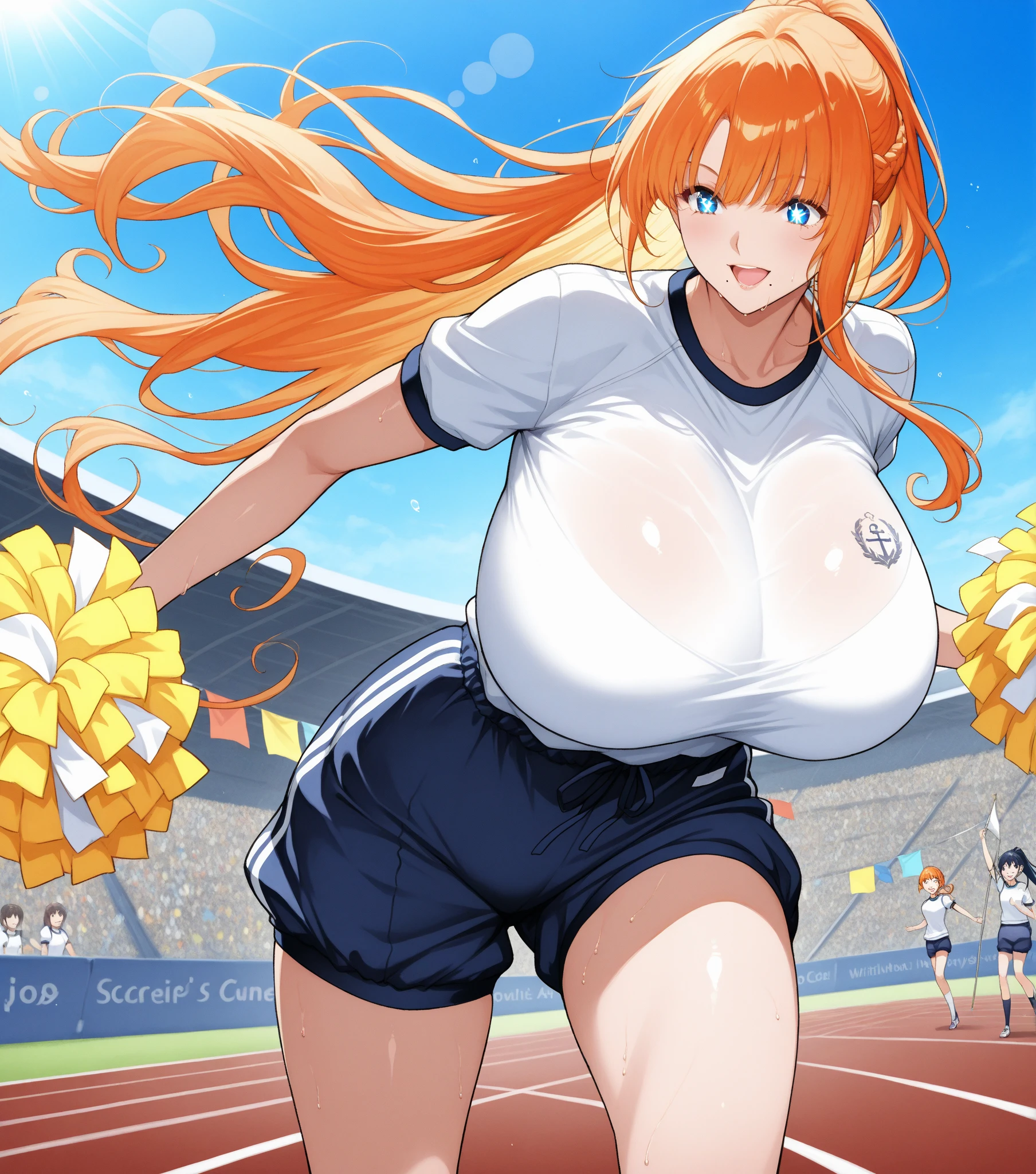 (1 Silence Suzuka running at field,) uma-musume, (solo:1.3), orange long hair, (bouncing unaligned huge breasts:1.2), white gym uniform, (tight short black brm:1.7), (cameltoe), skinny, (bared skinny long legs), (masterpiece), (nsfw:0.3), orgasm