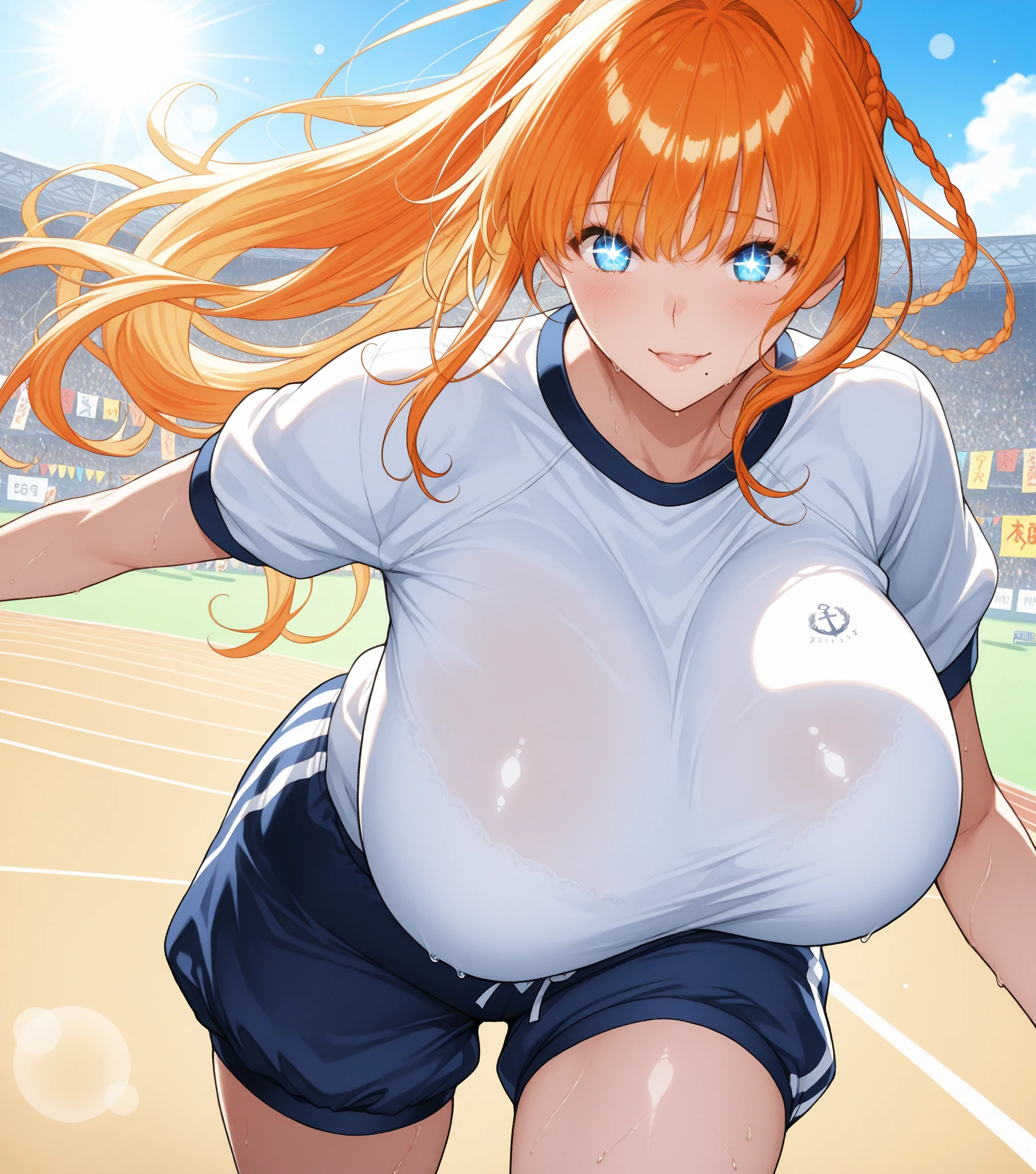 mastute piece,Best Quality,insanely detailed,8k cg,nsfw,
(shoot upper body:1.3),
(1girls:1.3),standing,looking at viewr,body in front,both arms behind back,(cheerleader-costume1.3),(bare breasts:1.1),(bare nipples:1.1),
break,
blush,shy,(ecstasy face),(trembling:1.2),break,(light orange hair:1.2),
break,
perfect breasts,perfect teats,(open mouth:0.9),(large breasts:1.2),
(outdoor sports field)、
