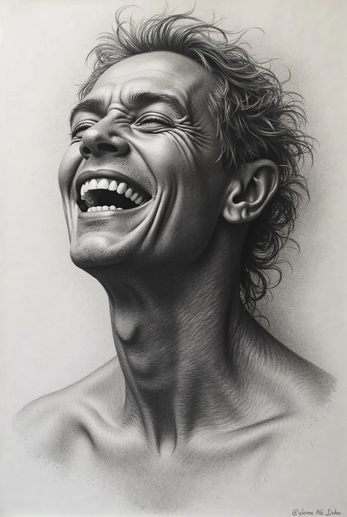 A picture in which a person is looking who is crying from inside and looks laughing outside in sketch man sole out of body
