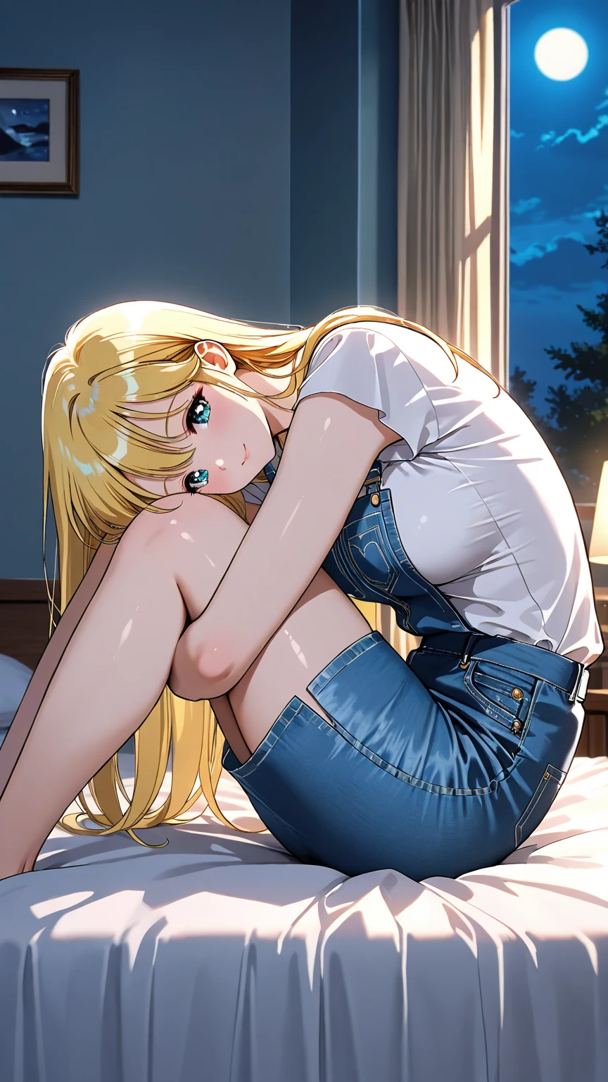 Anime style boy with long hair in blonde，is wearing a shorts，In the background is the bedroom