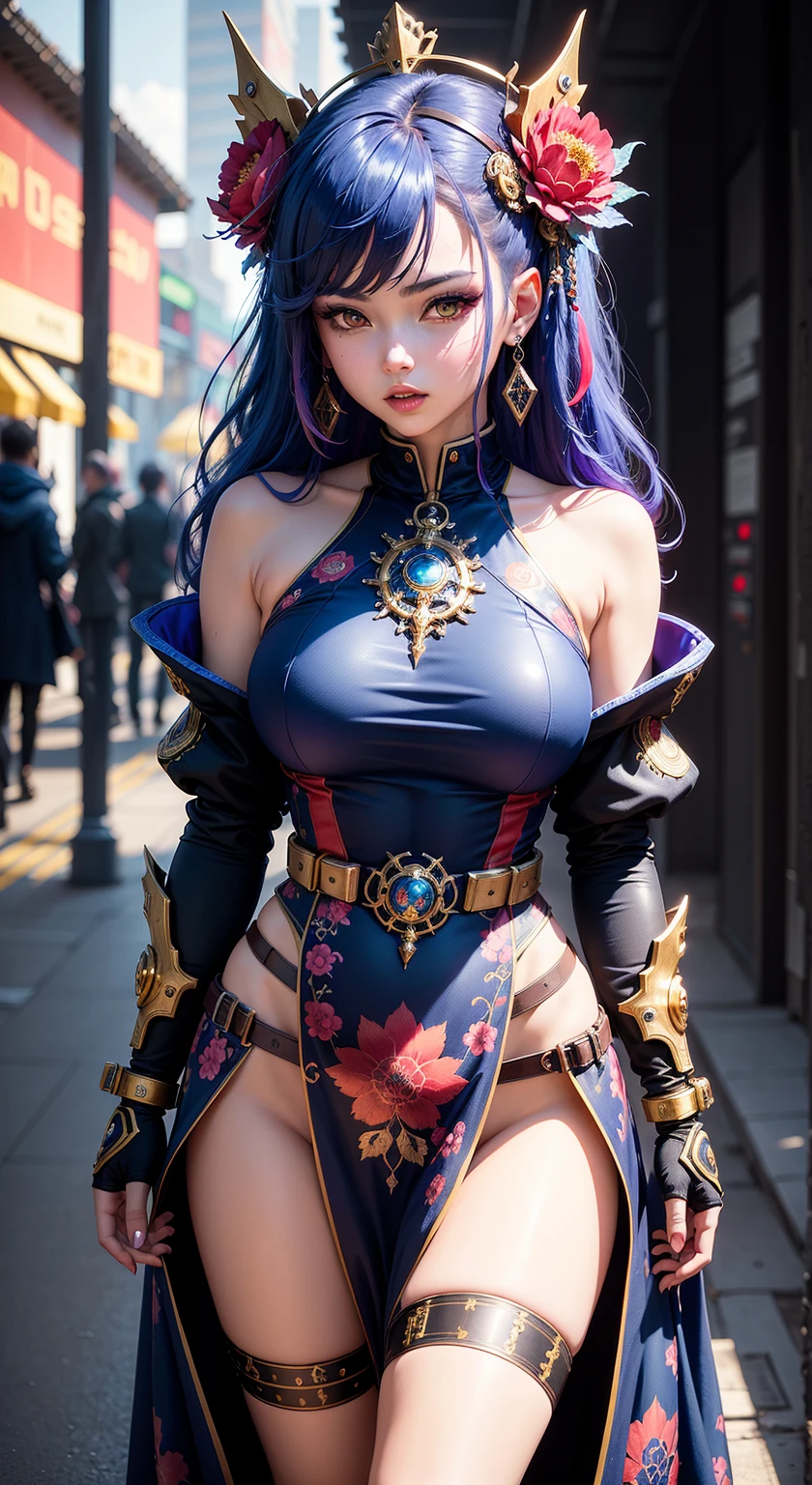 (best quality:1.1), (masterpiece:1.5), movie still, , upper body, depth of field, anime coloring, , 1girl, solo, ange_synduality_noir, Red hair, Blue eyes, Long Straight hair:2.0, hair ornament, Big Breasts, sexy slit dress,smile close your mouth, out door