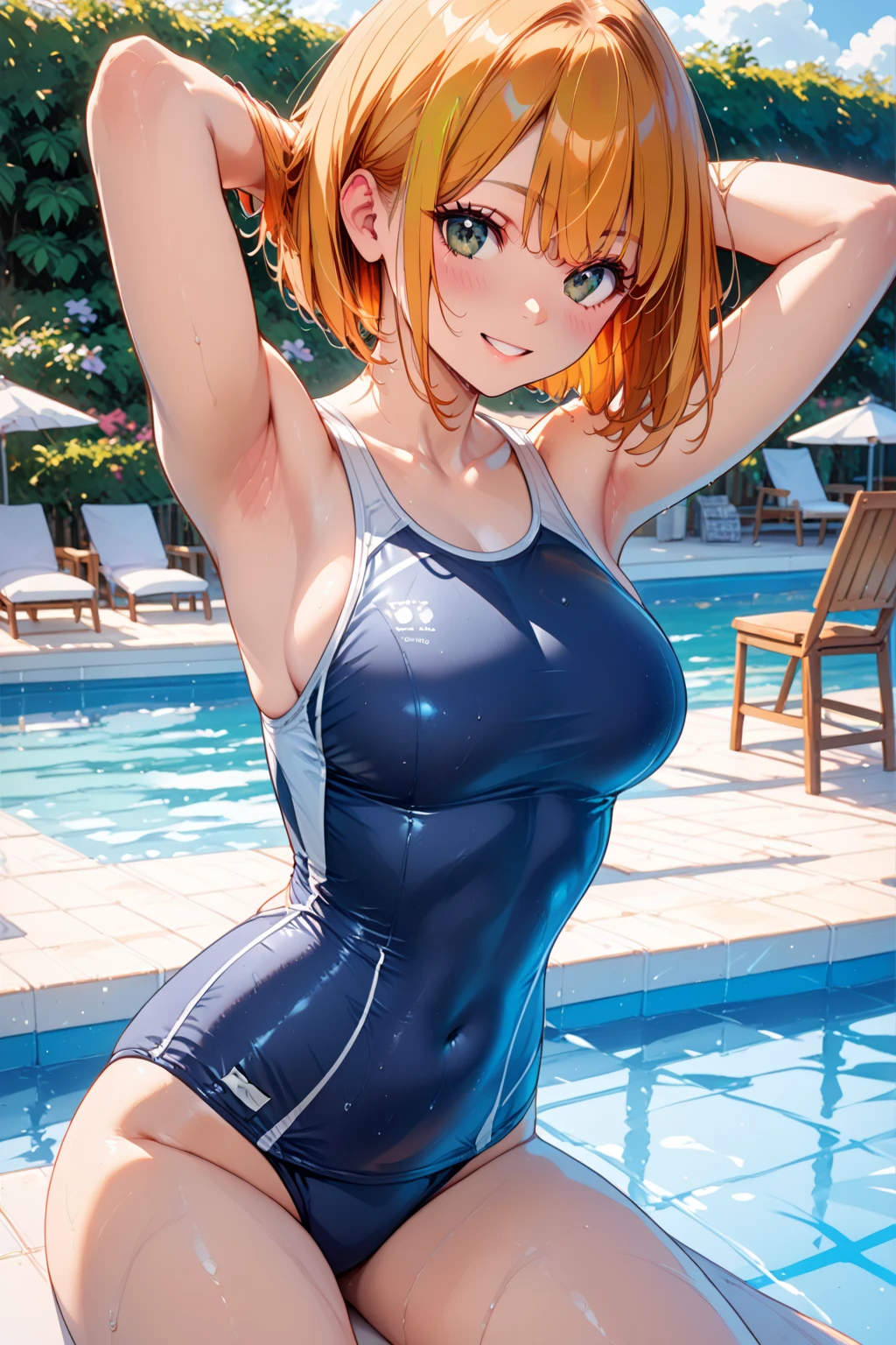 pieces fly、masterpiece、highest quality、Super detailed、High resolution、High resolution、8K portrait、High resolution CG of Unity 8k wallpaper、unity 8k wallpaper、cute:1.5、slender body:1.5、Highly detailed CG unity 8k wallpaper、realistic、real person、cute、 portrait photography、shiny skin、High resolution、Orange Bob Hair、(16 years old:1.2)、(1 girl)、(school poolside:1.6)、perfect face, seriously, (blush:1.5),(midium breasts:0.8),(navy blue school swimsuit:1.2),((Orgasm in the vagina:1.5)),(green ribbon:1.2),(looking at view),(from front),(gran),(crawl on all fours)
