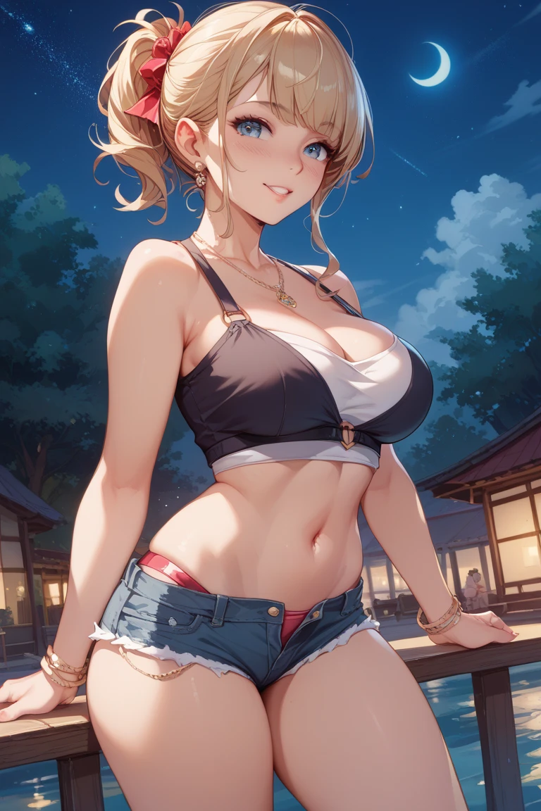 A wide-angle view of a rustic bus stop in the Japanese countryside under a starry night sky with cumulus clouds partially obscuring the stars. A woman in her 30s stands with her back slightly turned, looking over her shoulder with a confident and slightly enigmatic expression. She is wearing a white patterned bikini with delicate details such as a necklace, earrings, and bracelet. Her blonde hair, styled in a short bob, is slightly tousled by the wind. The lighting is soft, with a mix of backlight and natural light that highlights her realistic, sun-kissed skin and toned physique. The background is a serene rural scene, with the vastness of the starry sky adding a fantastical and calm atmosphere. The focus is on her pose and detailed features, reminiscent of a classical painting with a Ghibli-style color palette and an emphasis on realism and charm. Masterpiece, Highest quality, Anime Style.