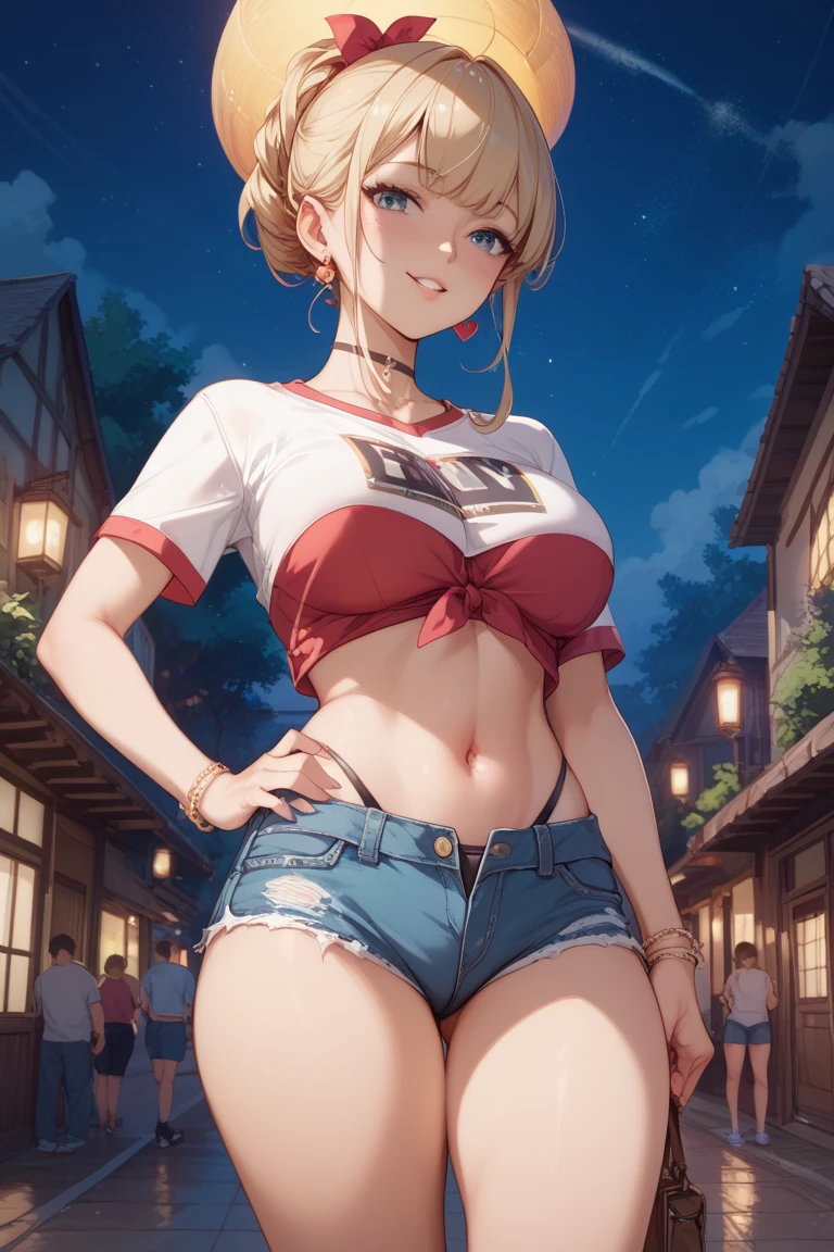 1girl, anime girl, 2d girl, 18y, (fullbody), standing, anime girl, seductive smile, (((blonde hair, flowing hair, hair flowing in the wind))), ((black,tube top,strapless)), ((underboob view)), cleavage, Solo, Slim, Big Breasts, Tight Shorts, low waist shorts, upshorts, outdoors, night background, flowers, looking at viewer, darker shadows, (((explicit))), (((short,shorts))), (((absurdres))), (((thigh gap))), (((cameltoe))), (((lowleg shorts))), (((sexy))), (((sensual))), (((Tube Top))), (((Strapless)))