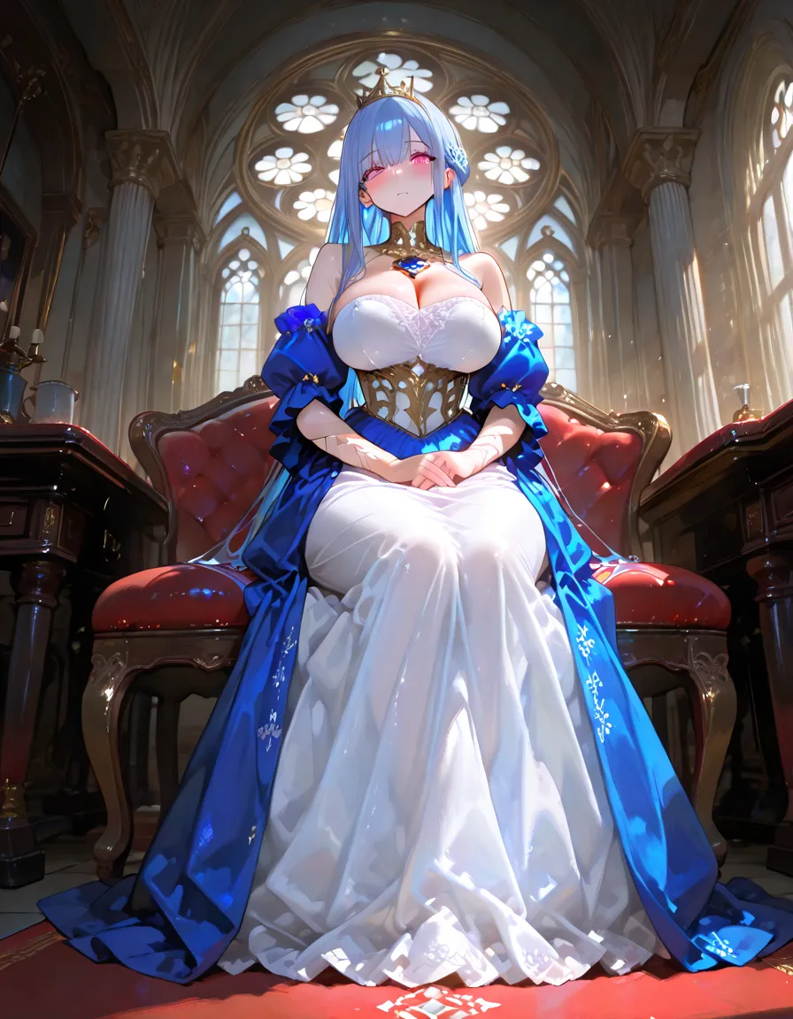 perfect lighting,HDR, ultra resolution , very detailed, masterpiece, ultra quality, 4K HD,st Louis, sitting on throne,crossed legs, looking at viewer,look from below ,strict, silver dress, silver heels,silver armstockings,silver stockings ,put her legs on kneeling slave,1boy,1girl,man kneeling before girl 
