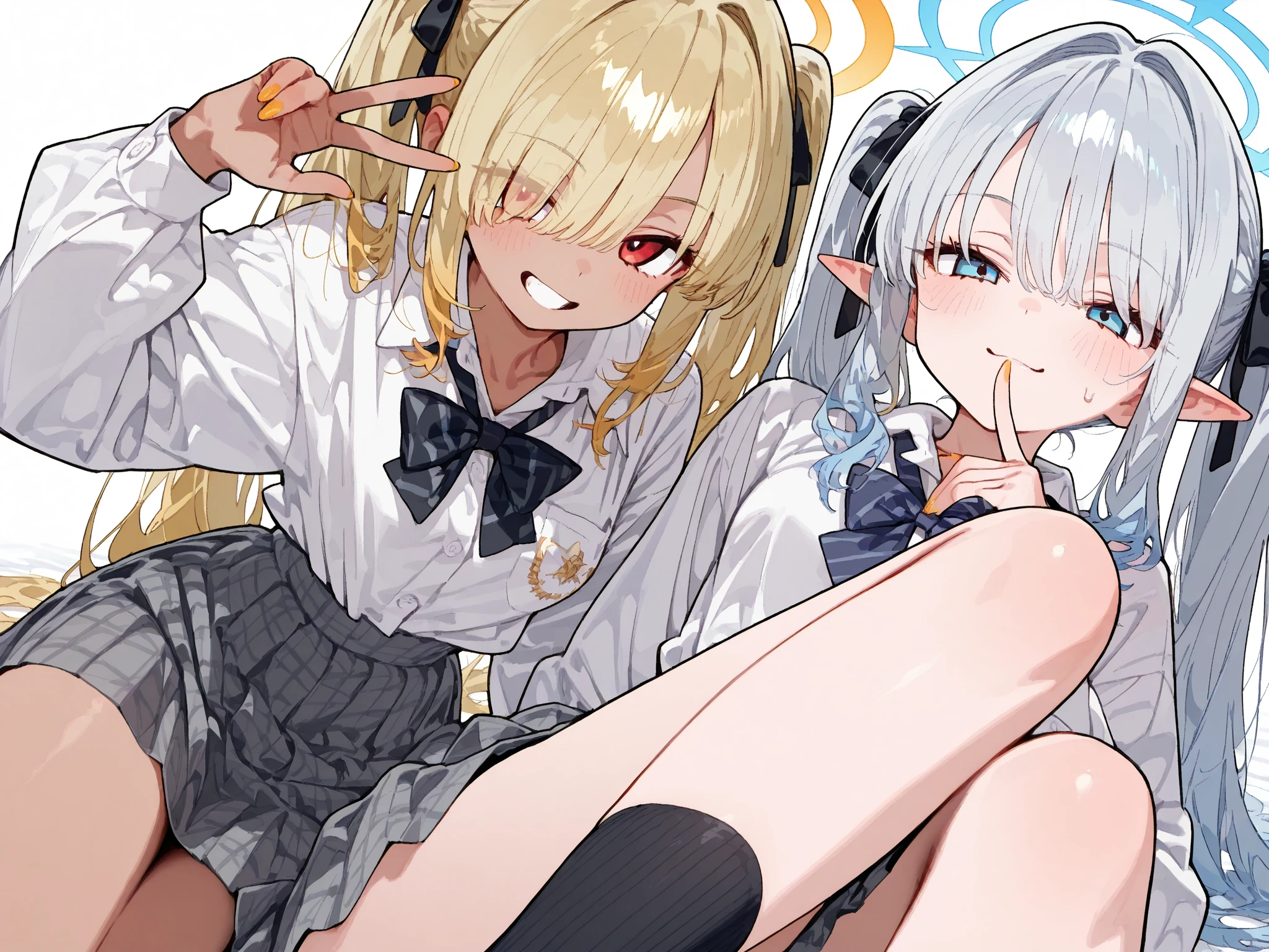 4 Girls with  with grey hair, ((fringed and curly hair)),((curly short twintail)), curly hair ,(red eyes), ((small bushy eyebrows)), wearing gothic lolita clothing, lolicon , walking to school, flirty smile,, walking to school, bored look, bored face,, (sitting with legs open lifting her skirt to show her vagina wet with semen),( 4 diferent girls having sex)
