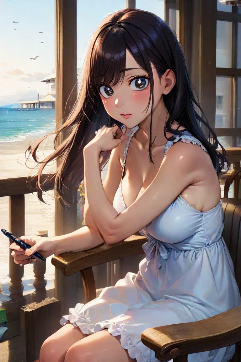 highest quality、High resolution、Detailed Background、(Beautiful face in every detail:1.4)、Anatomically correct、(Detailed facial expressions)、(Detailed eyes:1.2)、Teenage beauty、(Highly detailed face:1.4)、Huge breasts、Cute hair colour、Twin tails、well-groomed eyebrows、I can picture a girl walking along the beach at sunset.。
She is wearing a summer dress but is looking up at the sky with a cool look on her face.。
The sandy beach lit by the setting sun shines golden, and the summer sunshine gradually々It seems to be weakening。

The image of the girl sitting on a beach chair and reading a book is also impressive.。
Her expression seems to be immersed in summer memories and feeling the pleasant sea breeze.。
You can see the sadness of summer vacation coming to an end and the anticipation of autumn.。

The sight of a girl taking a nap in the shade of a tree by the sea also brings to mind the end of summer.。
The way they sleep leisurely shows that they are tired from the summer.、It gives a glimpse into the upcoming autumn.。

I can picture a girl walking alone along a seaside road.。
In the twilight、She looks a little sad as she reminisces about her summer memories.。
But at the same time, her expression shows her anticipation for autumn, which is impressive.。