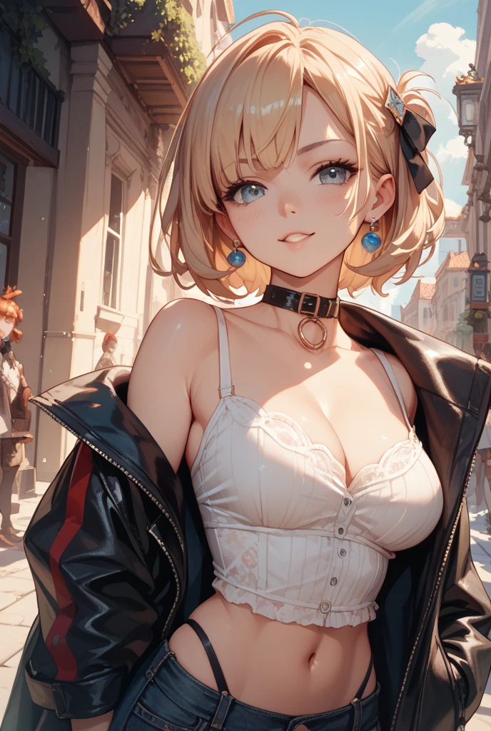 (masterpiece:1.2, highest quality), (Realistic, photoRealistic:1.4), Beautiful illustrations, (Natural Side Lighting, Cinema Lighting), Looking at the audience, Upper Body, (Front view), 1 girl, Perfect Face, Symmetrical cute face, Shiny skin, Baby Face, Long eyelashes, (Big Breasts:1.3), (Wide Hips),Beautiful Hair, Beautiful Face, Fine and beautiful eyes, Beautiful body, Beautiful breasts, Beautiful thighs, Beautiful legs, Beautiful fingers,(Beautiful views),(Cute Smile:1.2, Upper Eye),beautiful girl,alice liddell, Blue clothes, White apron, (black hair band ribbon:1.5), Thigh-high socks, Cute pose, In the flower field, (Pool), (((Disney castle in the background:1.2))),Alice in Wonderland, (Blonde:1.5), (Punk rock style: 1.7), belt choker, stud pin bracelet, (White and black skirt, Exy,(Multiple belts:1.5),Layered skirt