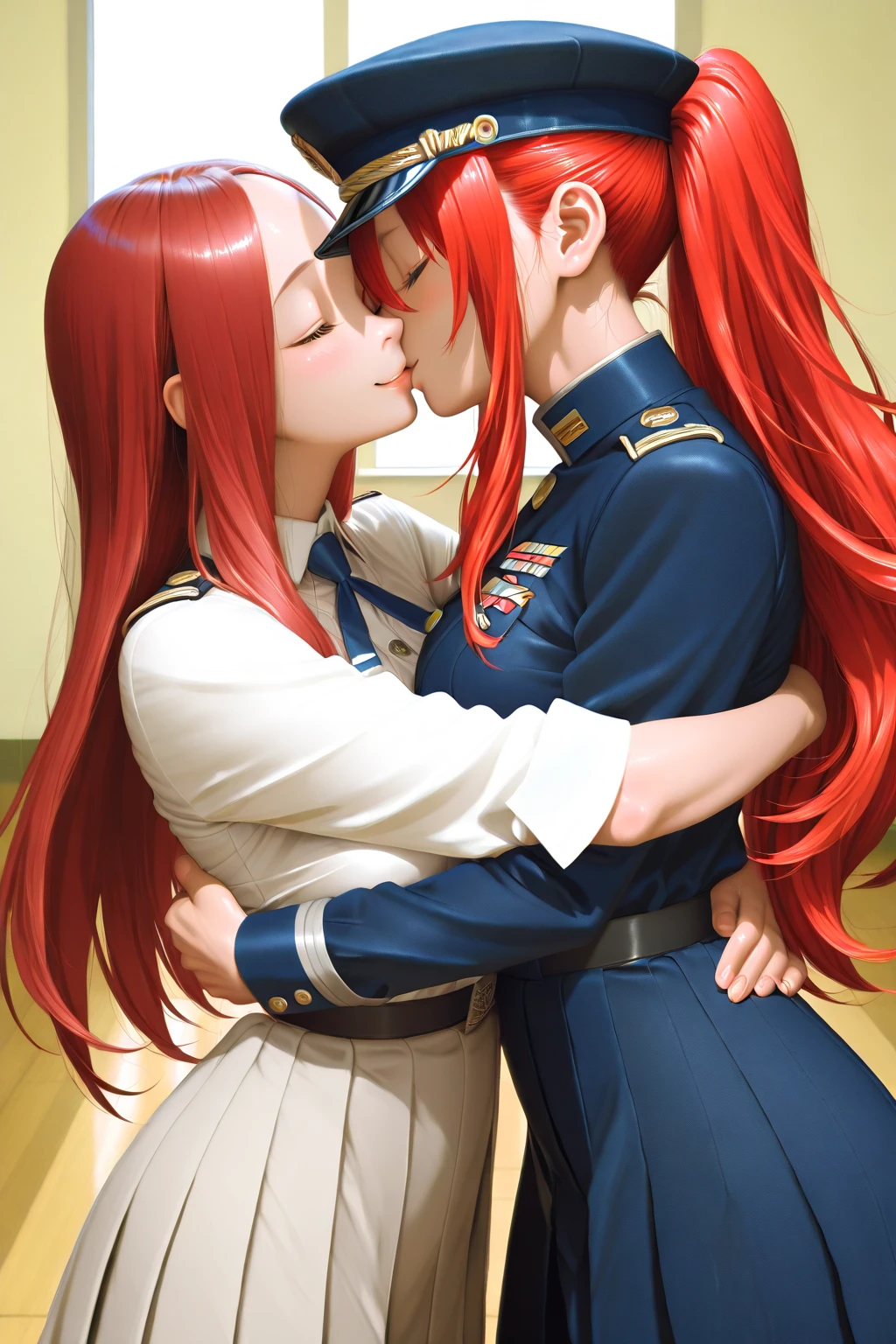 a stunningly beautiful student at a military academy, 17 years old, /(perfect and detailed hands, fine fingers, perfect and highly detailed eyes, perfect face, perfect and athletic body,), /(long red hair, triangular face, perfect green eyes, shapely legs, hourglass body,), /(military cadet with slim fit: beige sweater, white blouse, dark green miniskirt with pleats and oxfod gray line patterns, dark red thigh-high stockings held up with ribbons, black women's military shoes with small heels,), in a room, medium illumination of a lamp, kissing with an youbg man, 21 years old, /(formal suit, rings on fingers,), on top of the man riding him, lying on the bed, frontal focus,