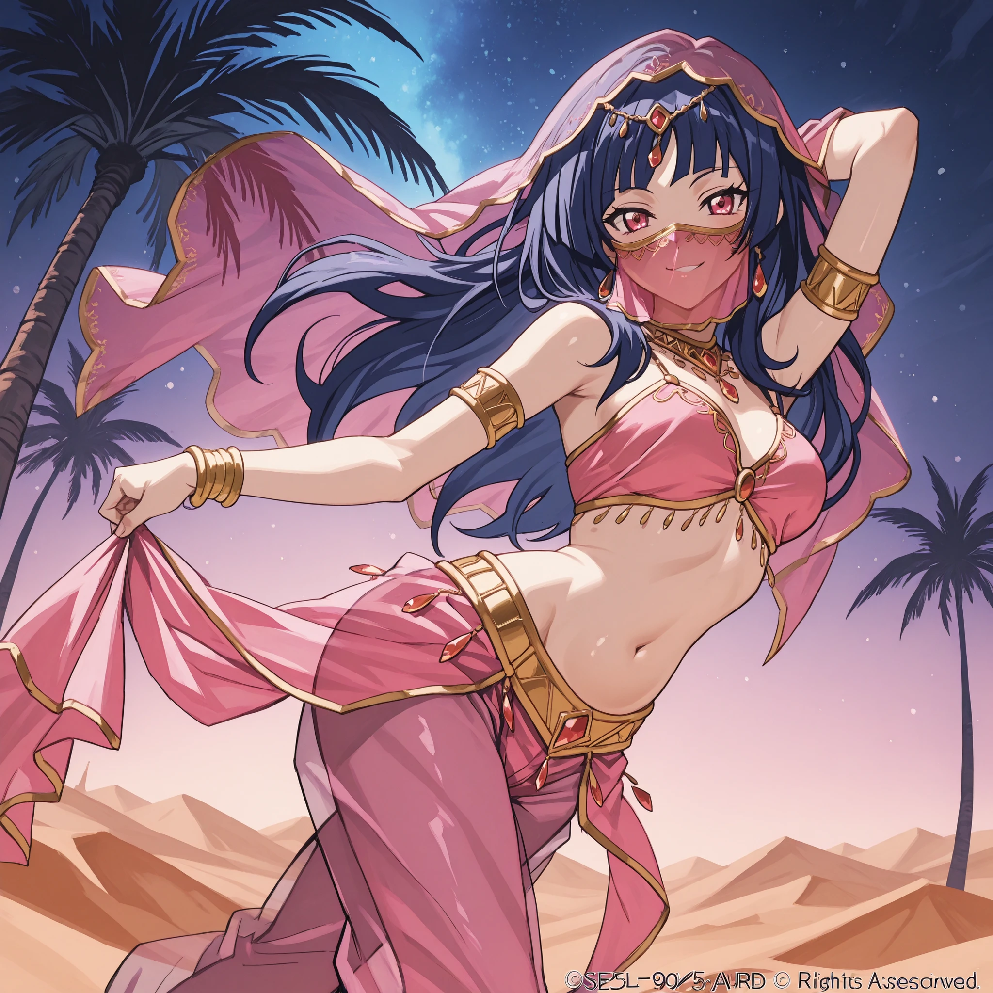 1girl:1 . 5) , (Seul:1 . 5) , score_9 , score_8_haut , score_7_haut , source_anime , Official work , ultra-detailed , masterpiece , best quality plaid shorts , high res , beaux yeux , detailed eyes , Detailed Face , beautiful detailed eyes ,Cardfight Vanguard, Asaka Narumi , Arabian Clothes , Arabian Dancer ,belly dancer costume , face veil, veil , golden jewelery,harem outfit, harem skirt, harem pants, Transparent pants, belly dancing, harem veil , night , desert landscapse, palm tree , seductive smile, dancing with veil, dynamic movement, sexy pose