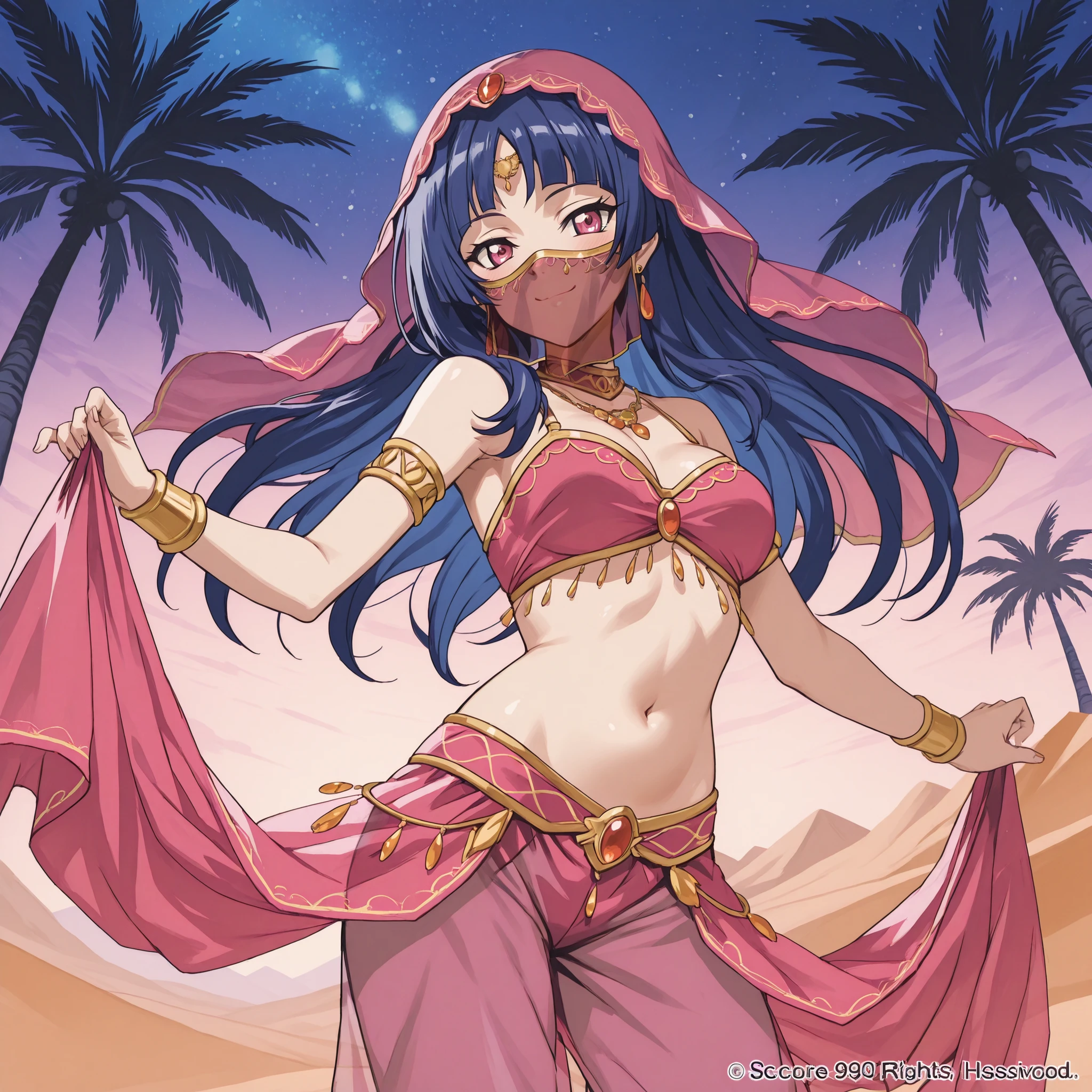 1girl:1 . 5) , (Seul:1 . 5) , score_9 , score_8_haut , score_7_haut , source_anime , Official work  , ultra-detailed , masterpiece , best quality plaid shorts , high res , beaux yeux , detailed eyes , Detailed Face , beautiful detailed eyes ,Cardfight Vanguard, Asaka Narumi , Arabian Clothes , Arabian Dancer ,belly dancer costume , face veil, veil , golden jewelery,harem outfit, harem skirt, harem pants, Transparent pants, belly dancing, harem veil , night , desert landscapse, palm tree , seductive smile, dancing with veil, dynamic movement, sexy pose
