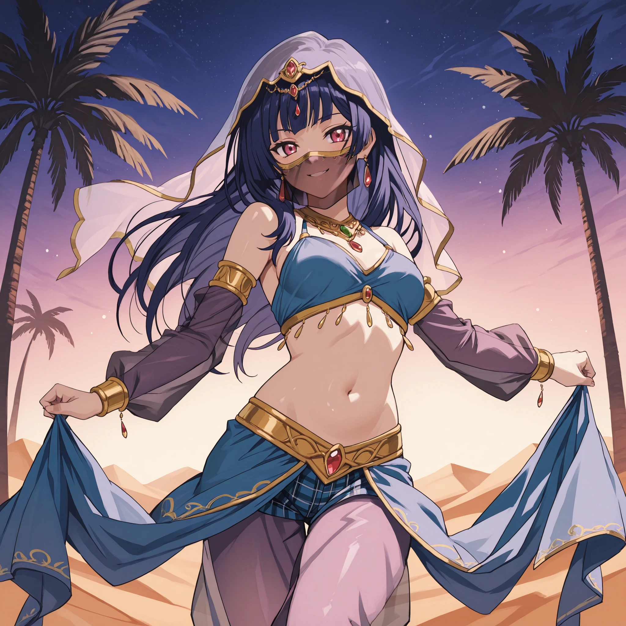 1girl:1 . 5) , (Seul:1 . 5) , score_9 , score_8_haut , score_7_haut , source_anime , Official work , ultra-detailed , masterpiece , best quality plaid shorts , high res , beaux yeux , detailed eyes , Detailed Face , beautiful detailed eyes ,Cardfight Vanguard, Asaka Narumi , Arabian Clothes , Arabian Dancer ,belly dancer costume , face veil, veil , golden jewelery,harem outfit, harem skirt, harem pants, Transparent pants, belly dancing, harem veil , night , desert landscapse, palm tree , seductive smile, dancing with veil, dynamic movement, sexy pose