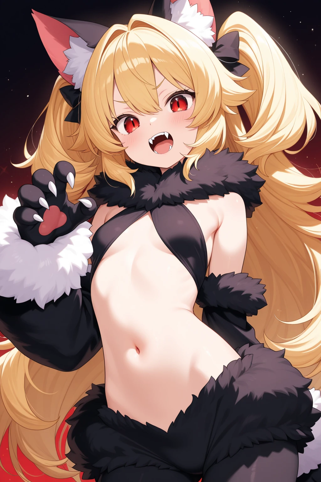 master peice,hyper quality, hyper detailed,Perfect drawing,1 beautiful girl、Akita Inu Bikini、Akita Inu ears、Akita Inu tail、Akita Inu palm、Akita Inu paws、Akita Inu fingers、sharp claws、Sharp fangs、Hunter's eyes aiming for prey、Black and blonde mesh、Sharp eyes、Height 177cm、MeasurementsB95W60H90、Kneeling、pow pause