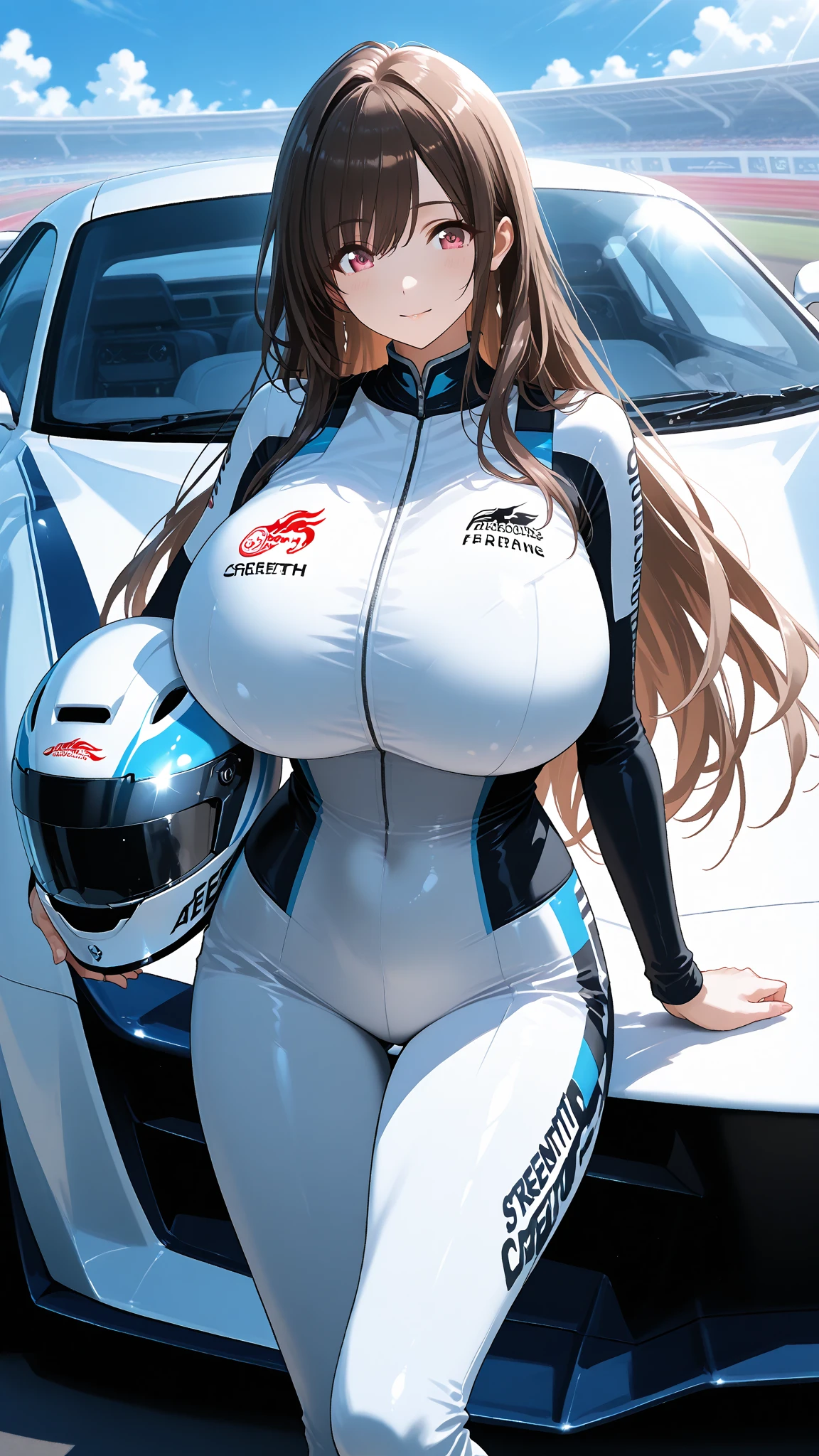 highest quality, 1 female, very tortuous, (big breasts, cleavage)、25 year old sexy American model, hair color is random、live action、high quality photos、racing suit, lip whole, fascinating , skirt、Race queen appears、A thin、 master painting, highest quality, realistic, Super detailed, (shiny skin:1.4), thin,dynamic light and shadow,High resolution,focus clearly on the chest、A thin、sky sky、grid girl, underboob, wear a grid_girl'sponsor costume'logo is printed, (stand in a motorsport race)+ With her left hand on her hip)、blur the background、smile、9 at highest quality:16 different image sizes
