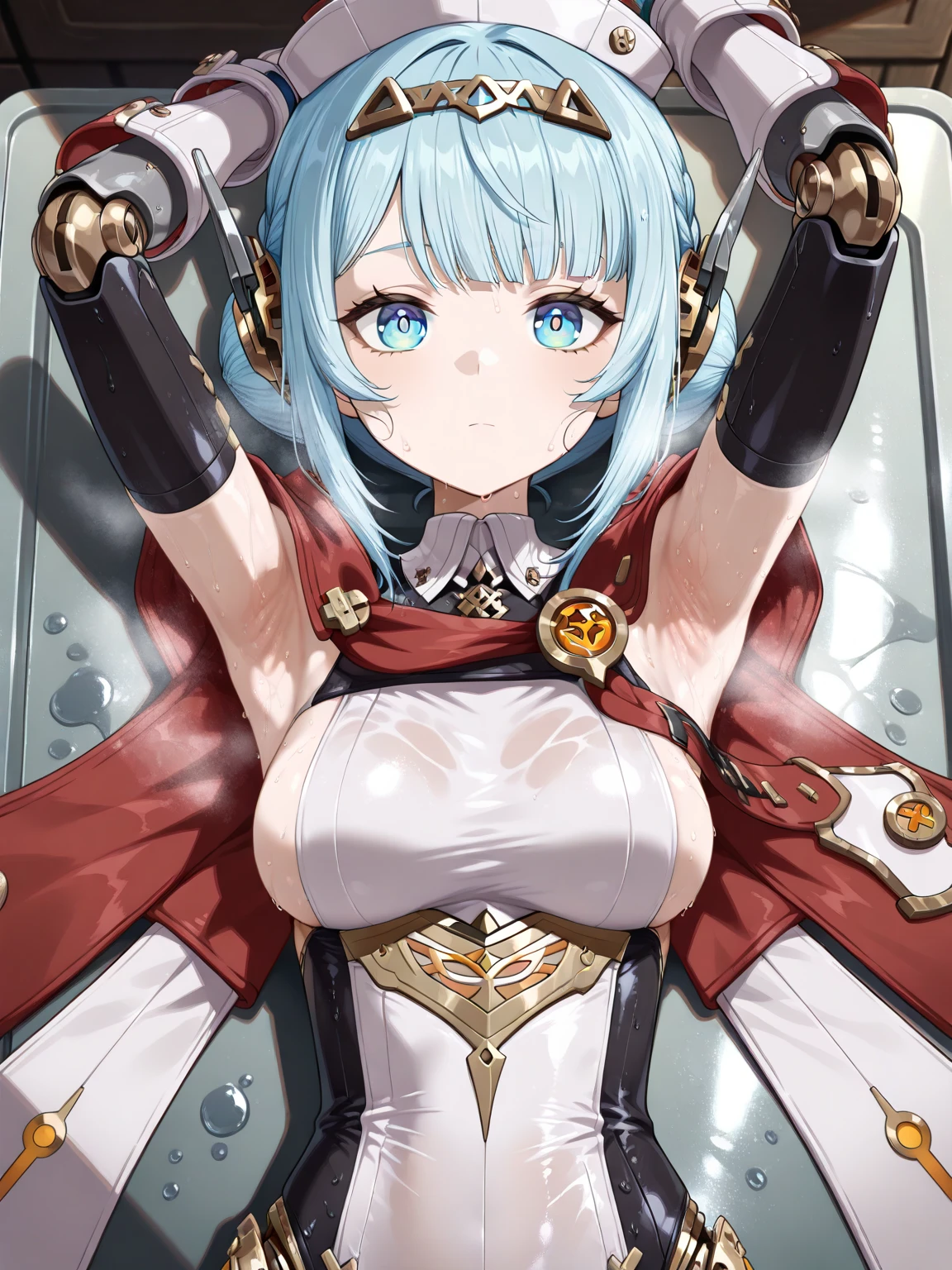 Copper bikini armor, copper crown, bare belly, big breasts, green hair, red eyes, bikini armor, copper, copper automaton, technology, scientist coat