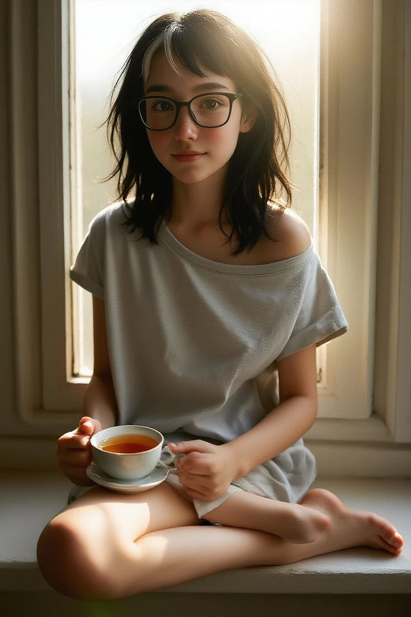 Realistic monochrome photography in 80s style......., tmasterpiece, Soviet photography, Film grain, photo paper texture; Sweet beautiful Russian brown eyed (middle-aged) Adult woman 38 years old...., beautiful detailed round face, Large shiny realistic dark brown eyes, glasses with lenses, tired look at the viewer, Cute little wide nose, calm expression on his face, Parted sensual plump lips, plump cheeks, Round chin, velvety skin, aesthetic completeness, Average length, slightly wavy, faded brown hair with gray streaks (80s punk hairstyle), Very small stature, Realistic !!!extremely small breasts!!!, aesthetic completeness, Beautiful, slightly chubby body, old stretched sweater dress made of soft oversized wool, long striped wool socks above the knees, fluffy slippers, (full - body, including legs), stands thoughtfully by the window with a porcelain cup of coffee in his left hand.....; Realistic texture of human skin (pores, Mimic folds, wrinkles), Monochrome image